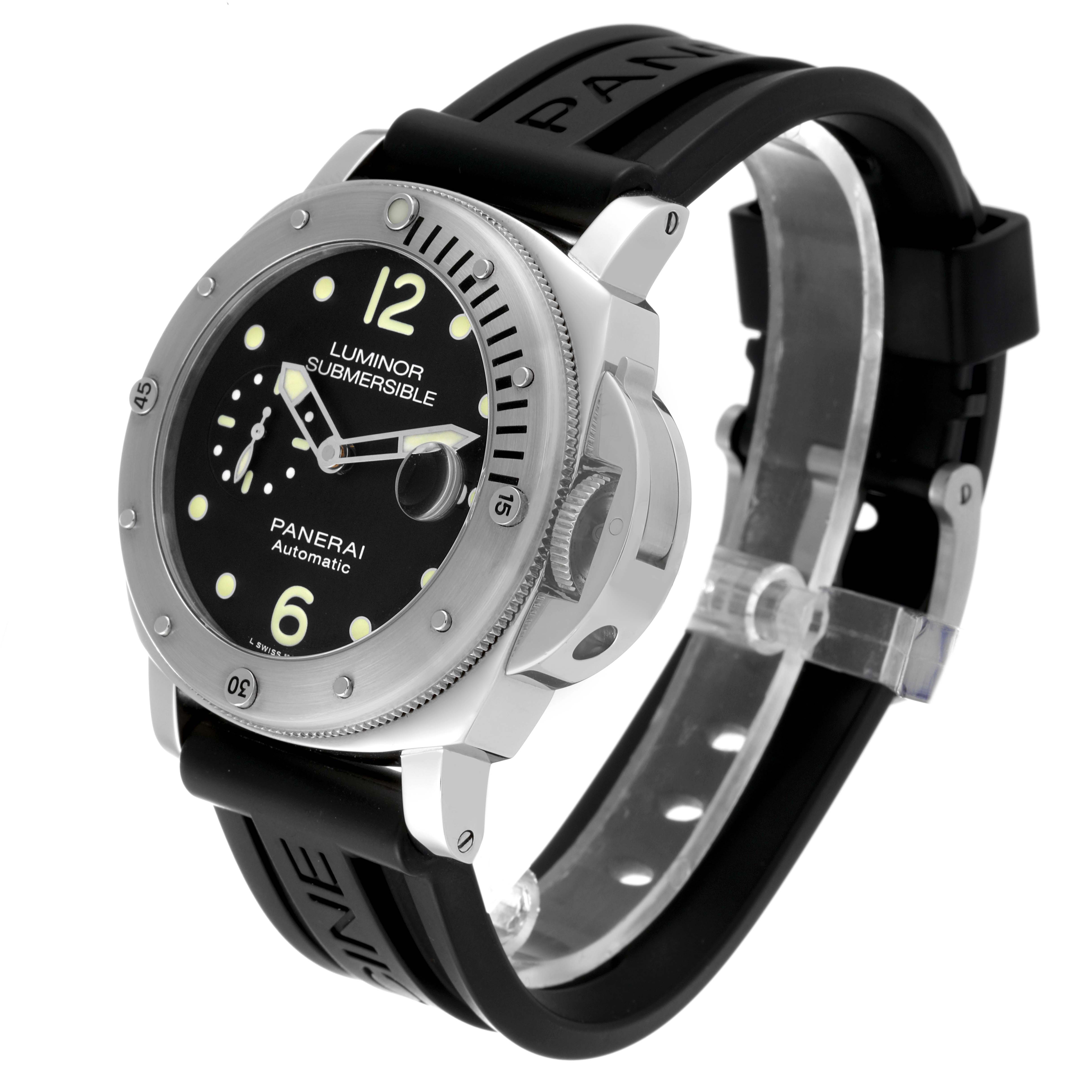 The image shows a Panerai Luminor PAM01024 Men
s Stainless Steel Black Dial PAM01024 Men
s Stainless Steel Black Dial Submersible watch from a front-left angle, highlighting its face, bezel, and rubber strap.