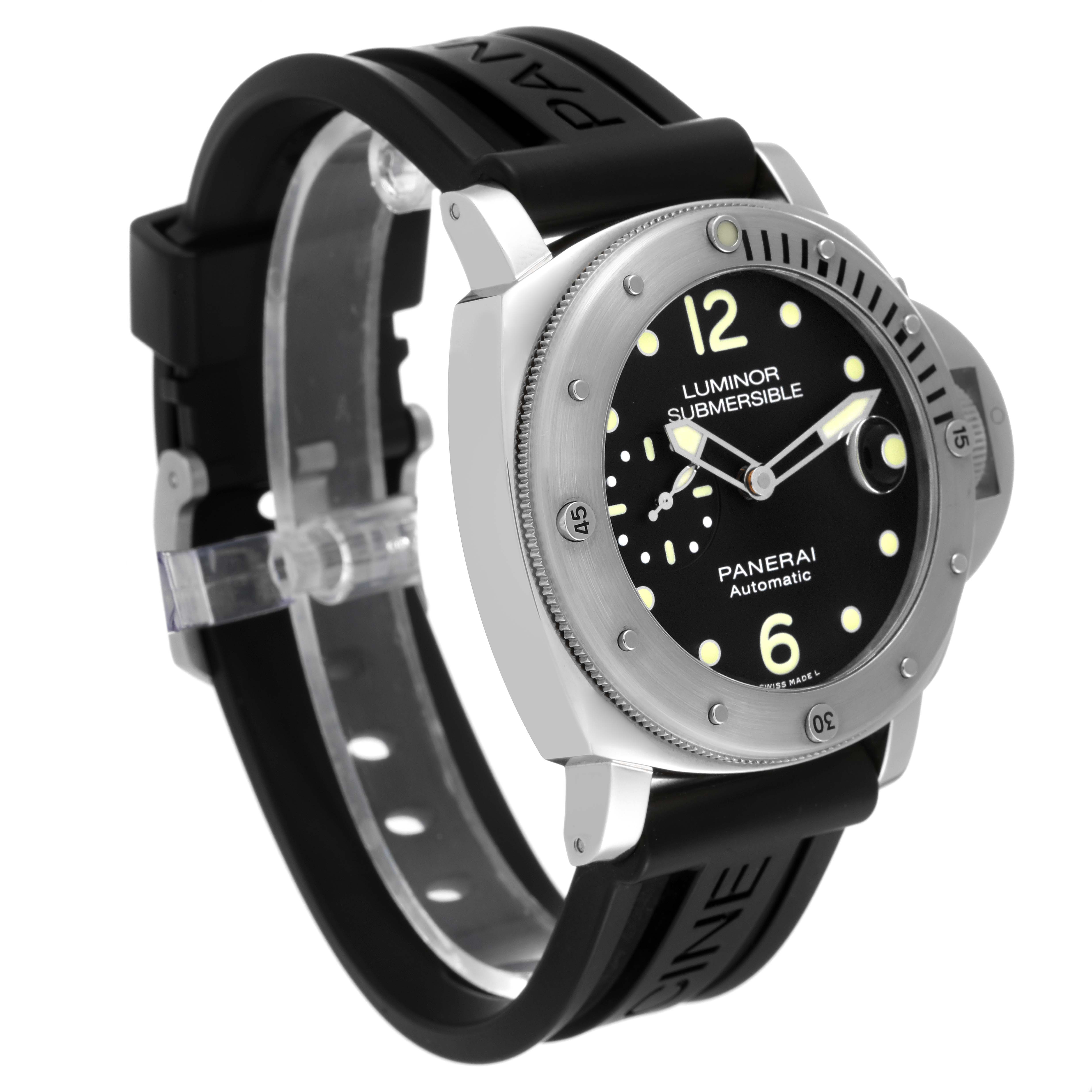 The Panerai Luminor PAM01024 Men
s Stainless Steel Black Dial PAM01024 Men
s Stainless Steel Black Dial watch is shown at an angle displaying the face, bezel, case, and black rubber strap.