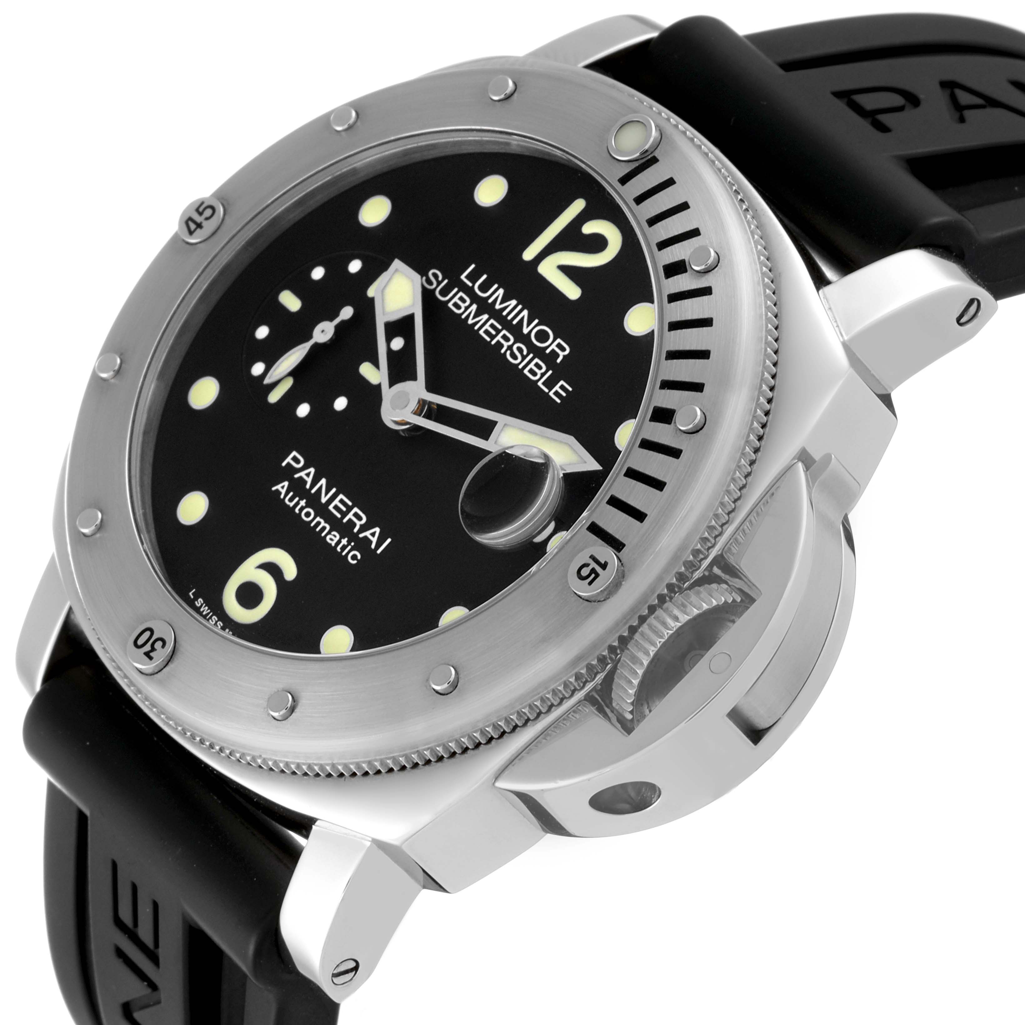 This image shows a Panerai Luminor PAM01024 Men
s Stainless Steel Black Dial PAM01024 Men
s Stainless Steel Black Dial watch at an angled view, highlighting the dial, bezel, crown guard, and part of the strap.