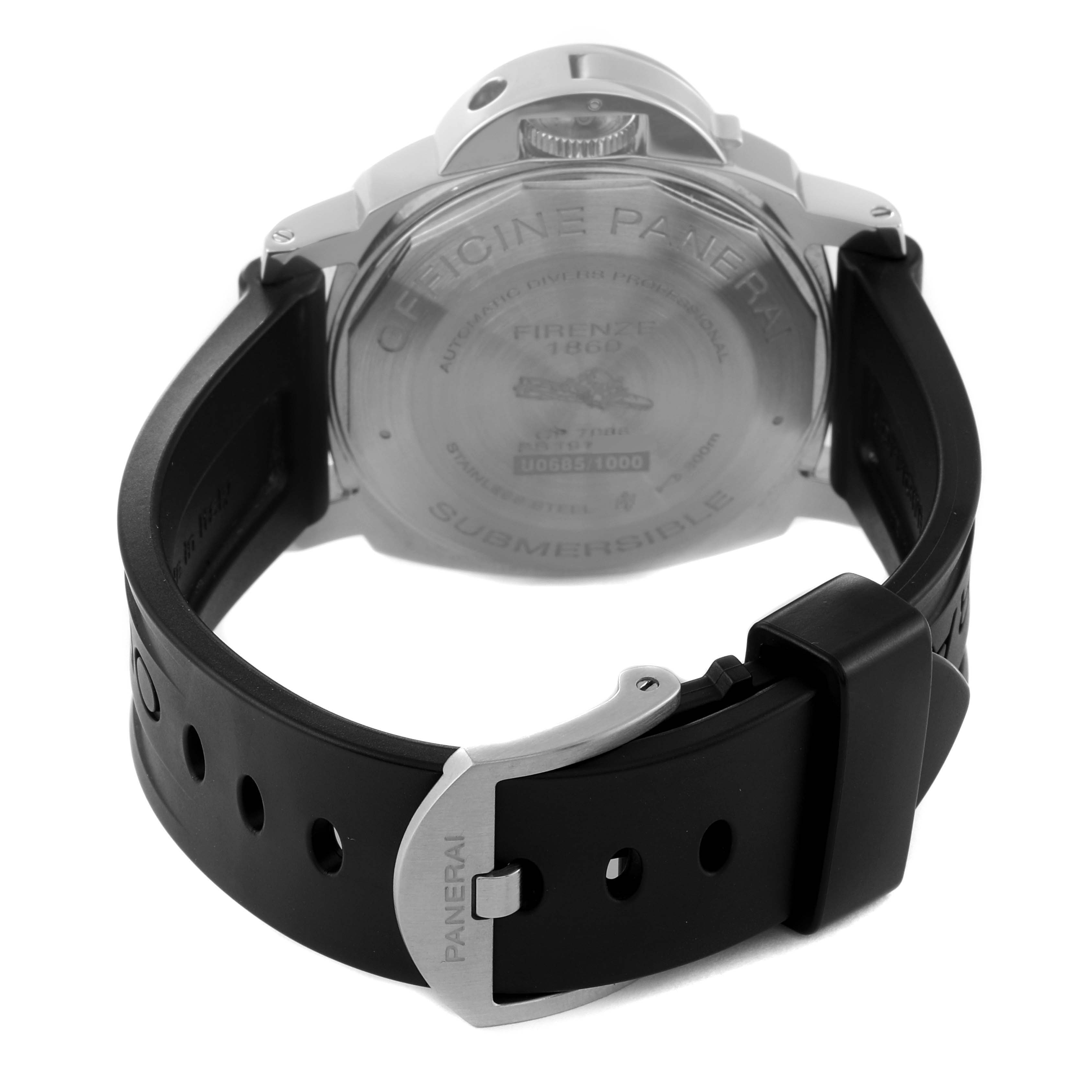 The image shows the back view of a Panerai Luminor PAM01024 Men
s Stainless Steel Black Dial PAM01024 Men
s Stainless Steel Black Dial model watch, highlighting the case back and black rubber strap.