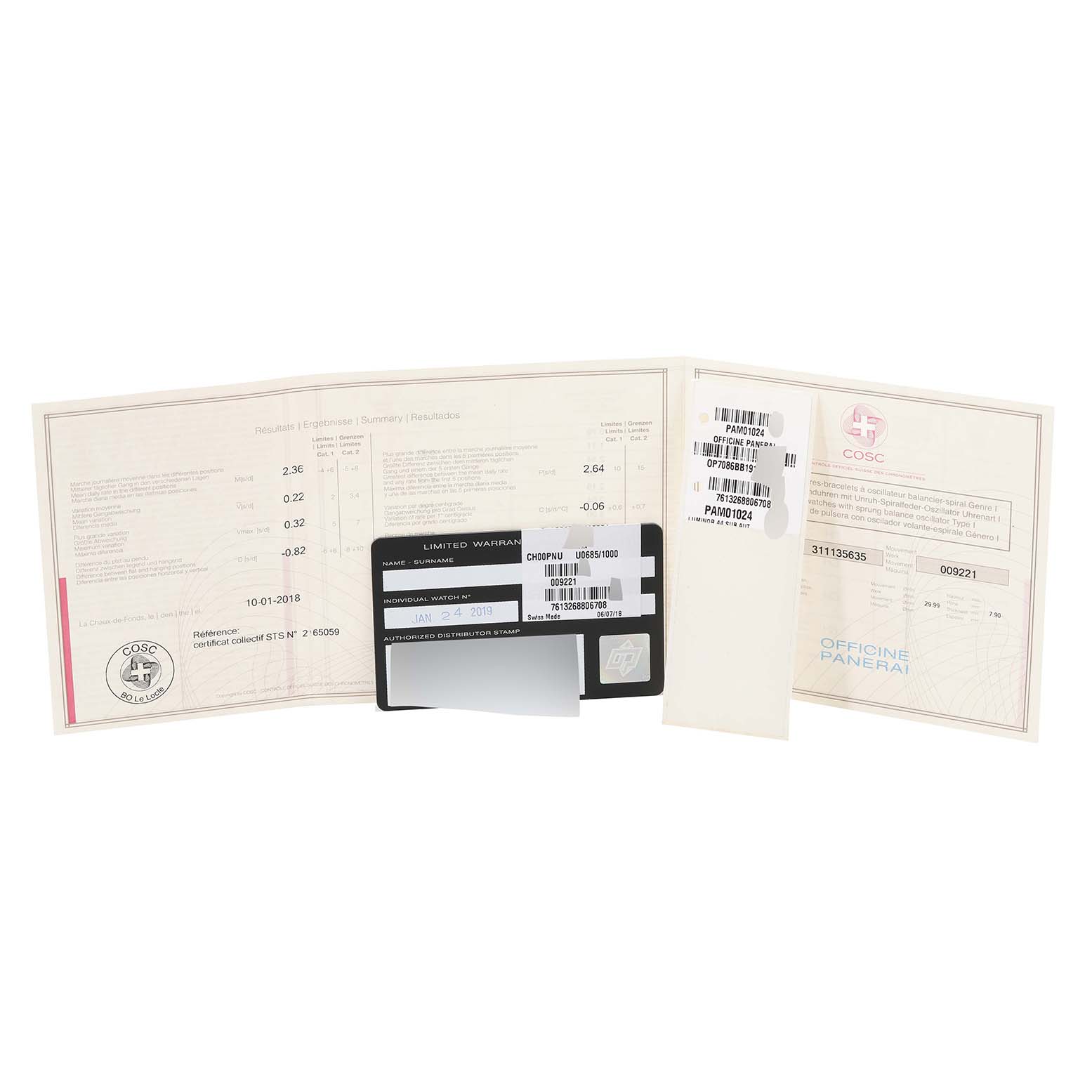 The image shows warranty cards and certificates for the Panerai Luminor PAM01024 Men
s Stainless Steel Black Dial PAM01024 Men
s Stainless Steel Black Dial watch model, displayed from the front.