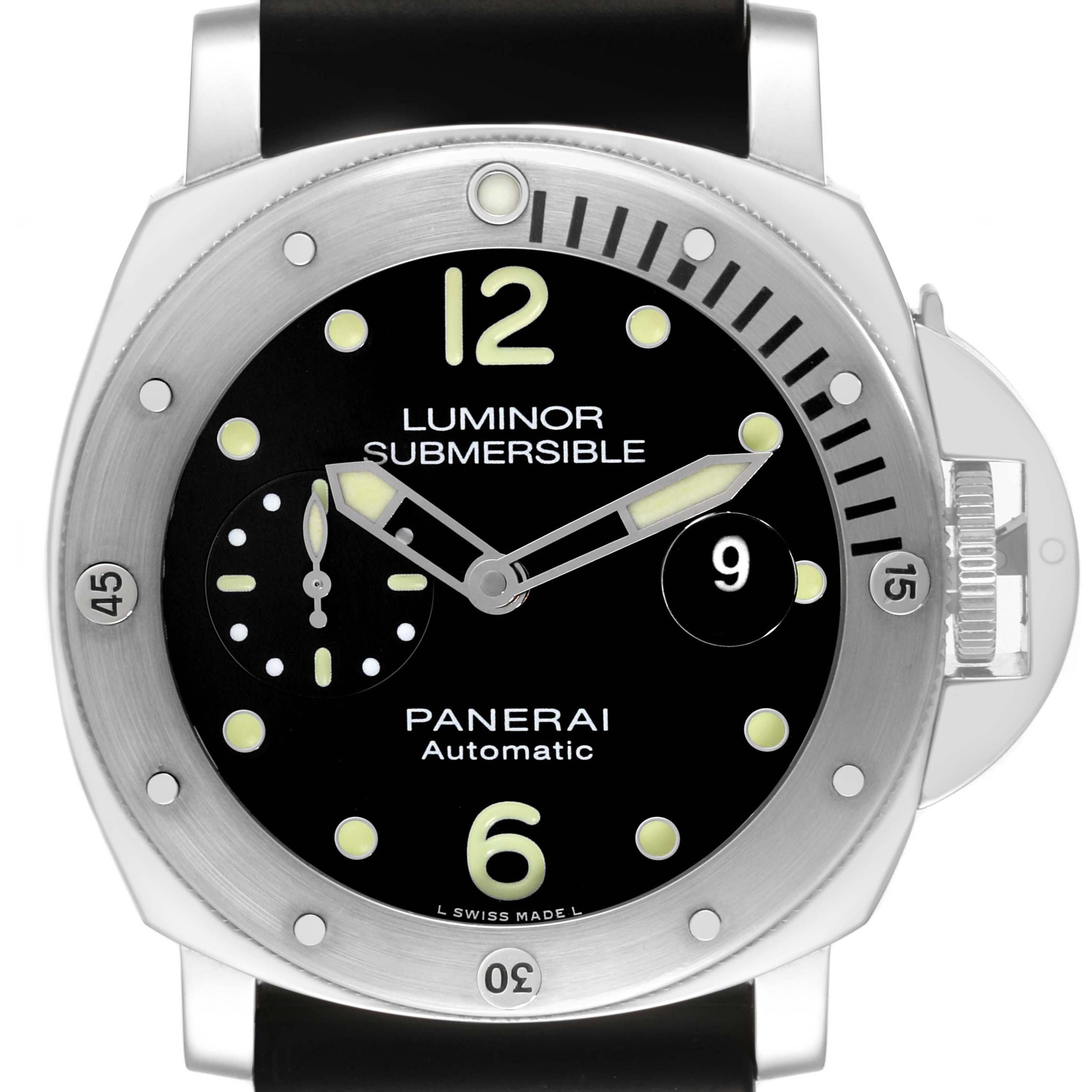 The image shows a front view of a Panerai Luminor PAM01024 Men
s Stainless Steel Black Dial PAM01024 Men
s Stainless Steel Black Dial Submersible watch, highlighting the dial, bezel, and crown guard.