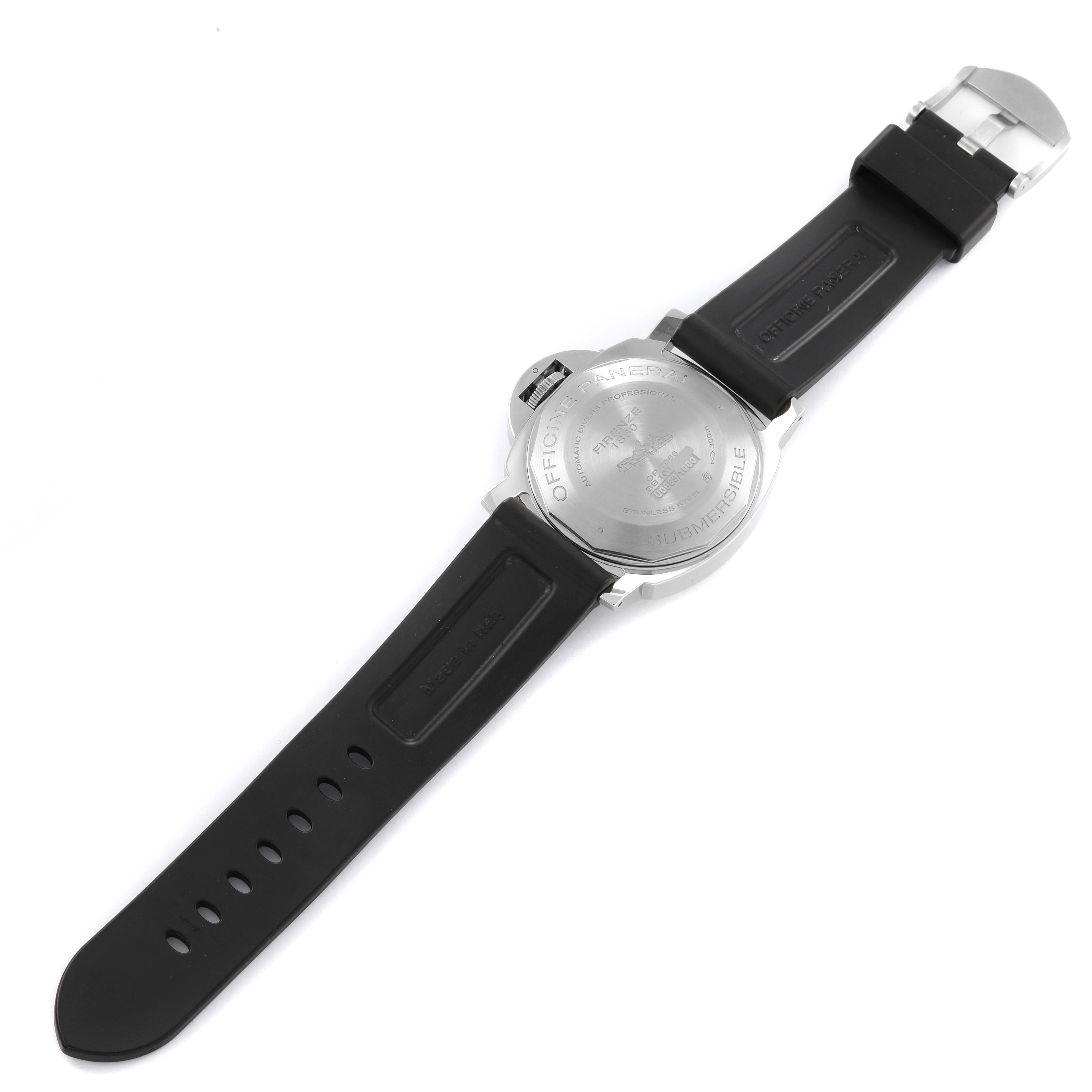 This image shows the back and strap of the Panerai Luminor PAM01024 Men
s Stainless Steel Black Dial PAM01024 Men
s Stainless Steel Black Dial watch, highlighting the case back and rubber strap.