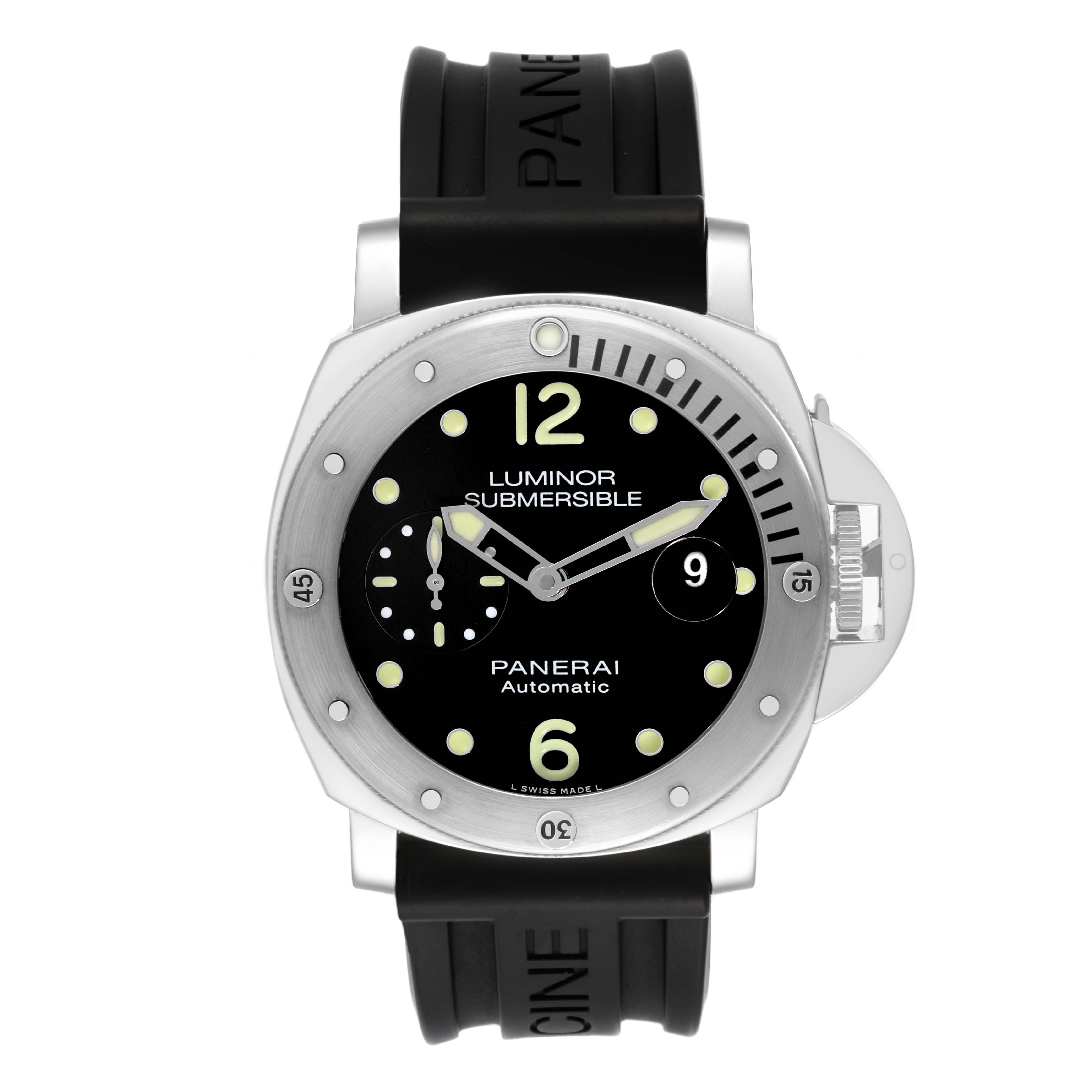 This is a front view of the Panerai Luminor PAM01024 Men
s Stainless Steel Black Dial PAM01024 Men
s Stainless Steel Black Dial Submersible watch, showing the face, bezel, and rubber strap.