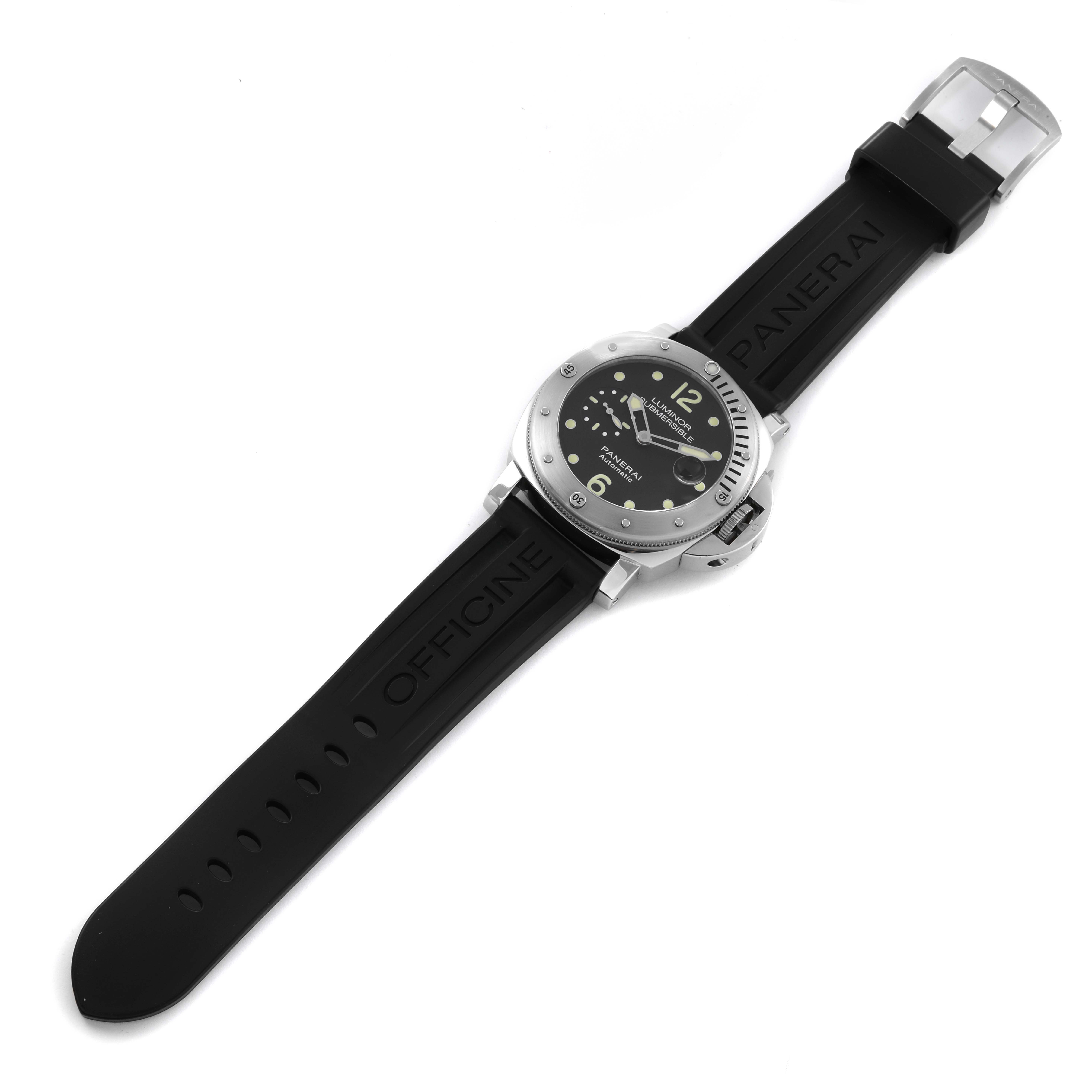 The image shows a top-down view of a Panerai Luminor PAM01024 Men
s Stainless Steel Black Dial PAM01024 Men
s Stainless Steel Black Dial watch with a black rubber strap and visible dial and bezel.