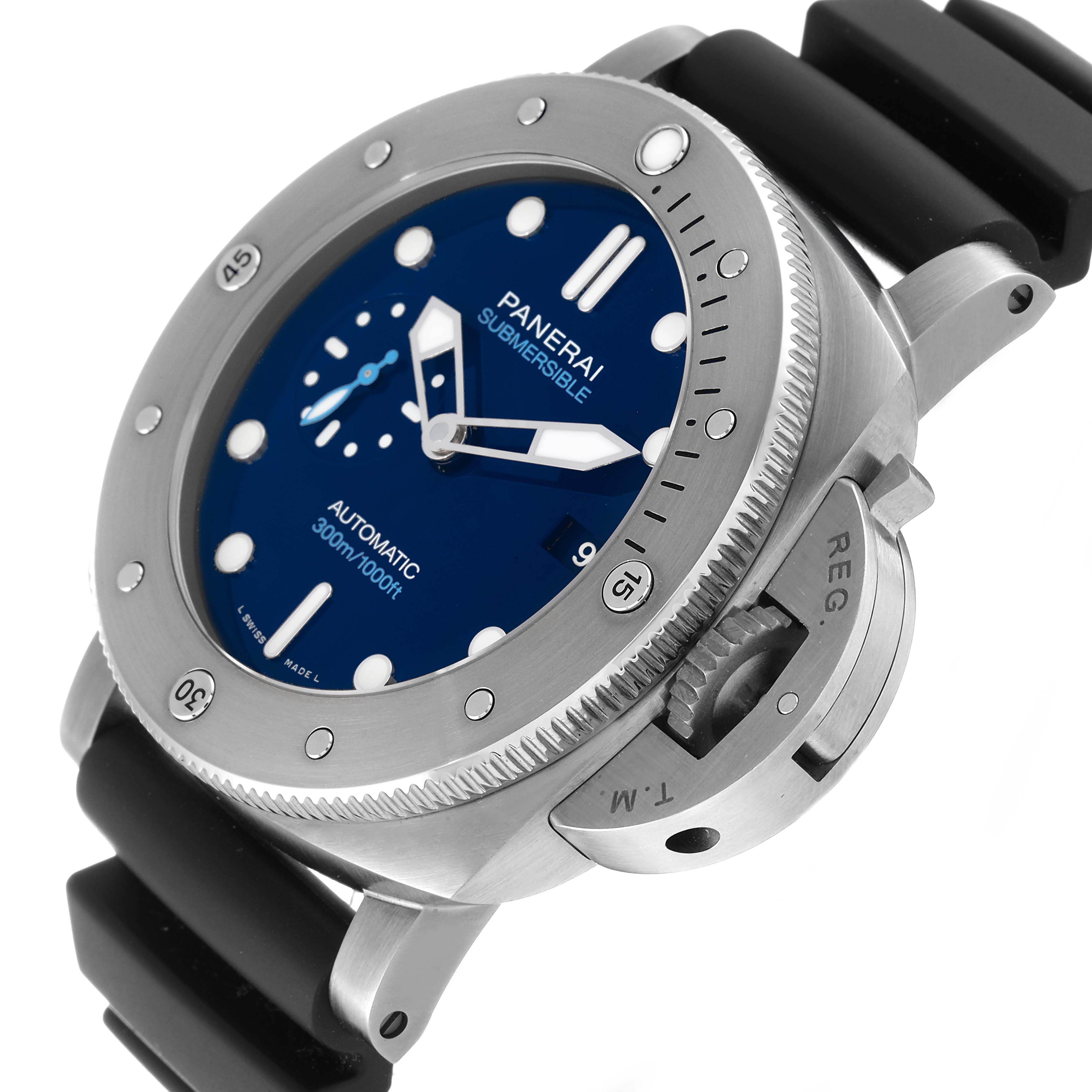 The Panerai Submersible PAM00692 Men's Titanium Blue Dial PAM00692 Men's Titanium Blue Dial watch is shown at an angle highlighting the dial, bezel, crown guard, and strap.