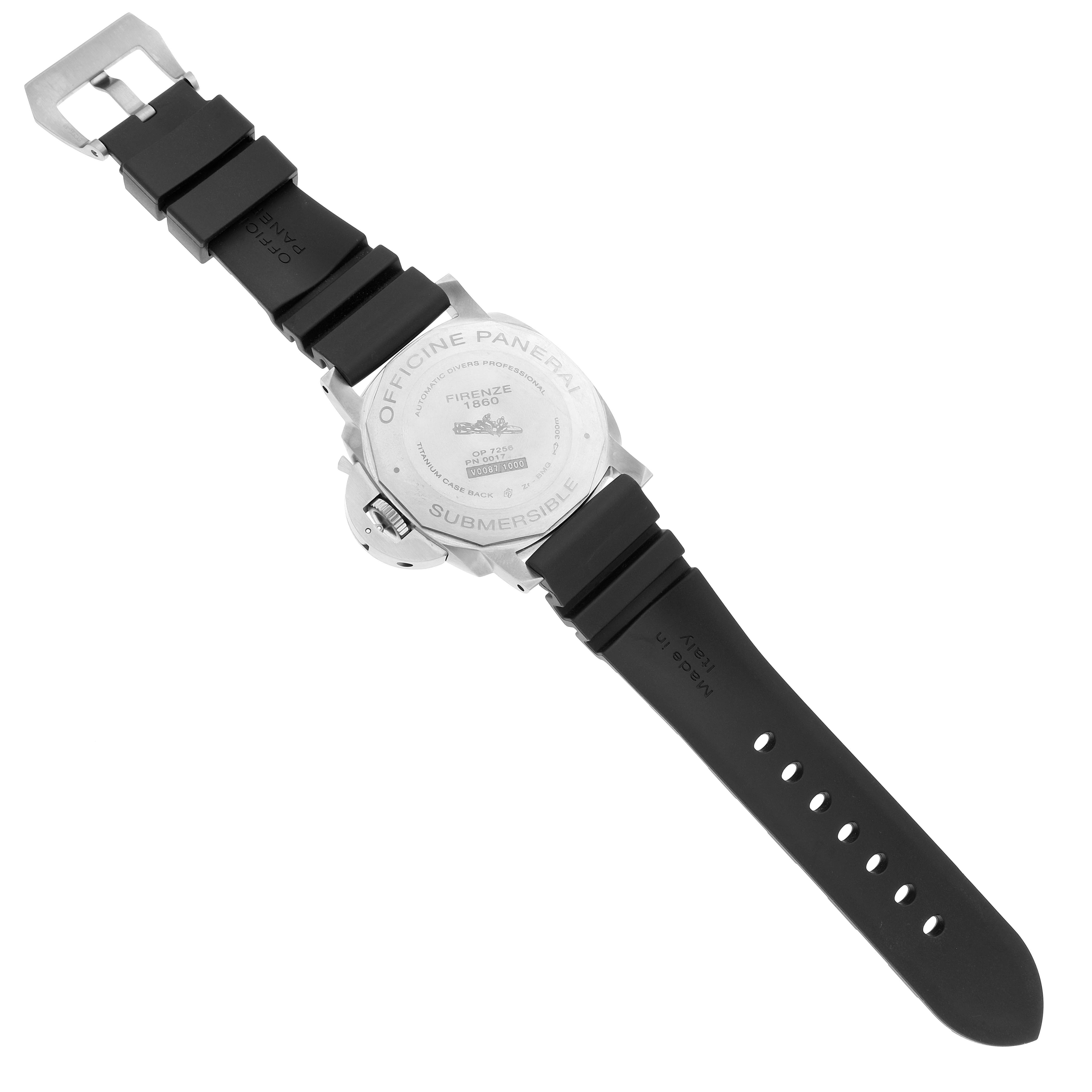 The image shows the back view of a Panerai Submersible PAM00692 Men's Titanium Blue Dial PAM00692 Men's Titanium Blue Dial watch with its strap and buckle visible.