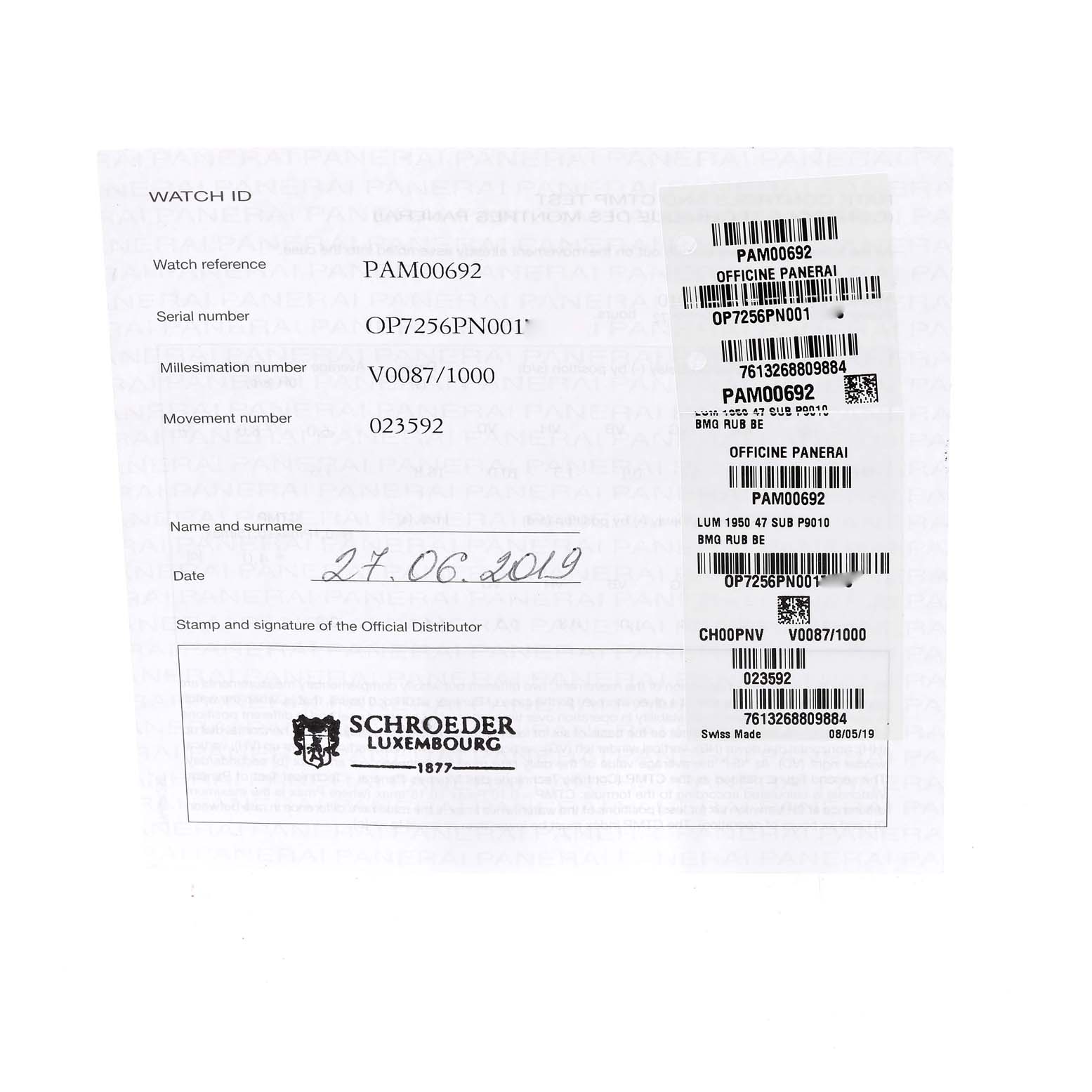 The image shows documentation for the Panerai Submersible PAM00692 Men's Titanium Blue Dial PAM00692 Men's Titanium Blue Dial model PAM00692, including watch reference, serial, and movement numbers.