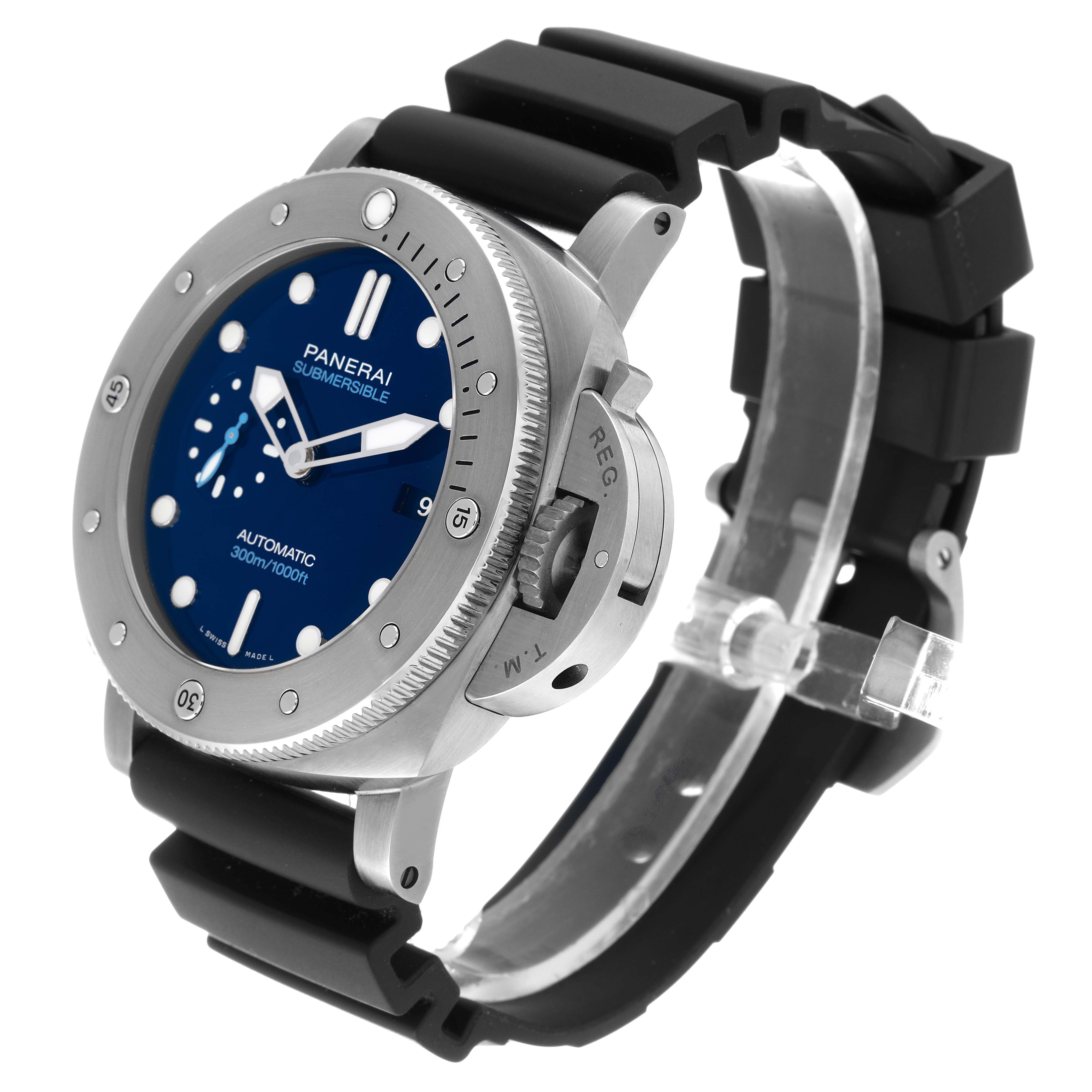 The Panerai Submersible PAM00692 Men's Titanium Blue Dial PAM00692 Men's Titanium Blue Dial watch is shown at a three-quarter angle, showcasing its dial, bezel, and strap.