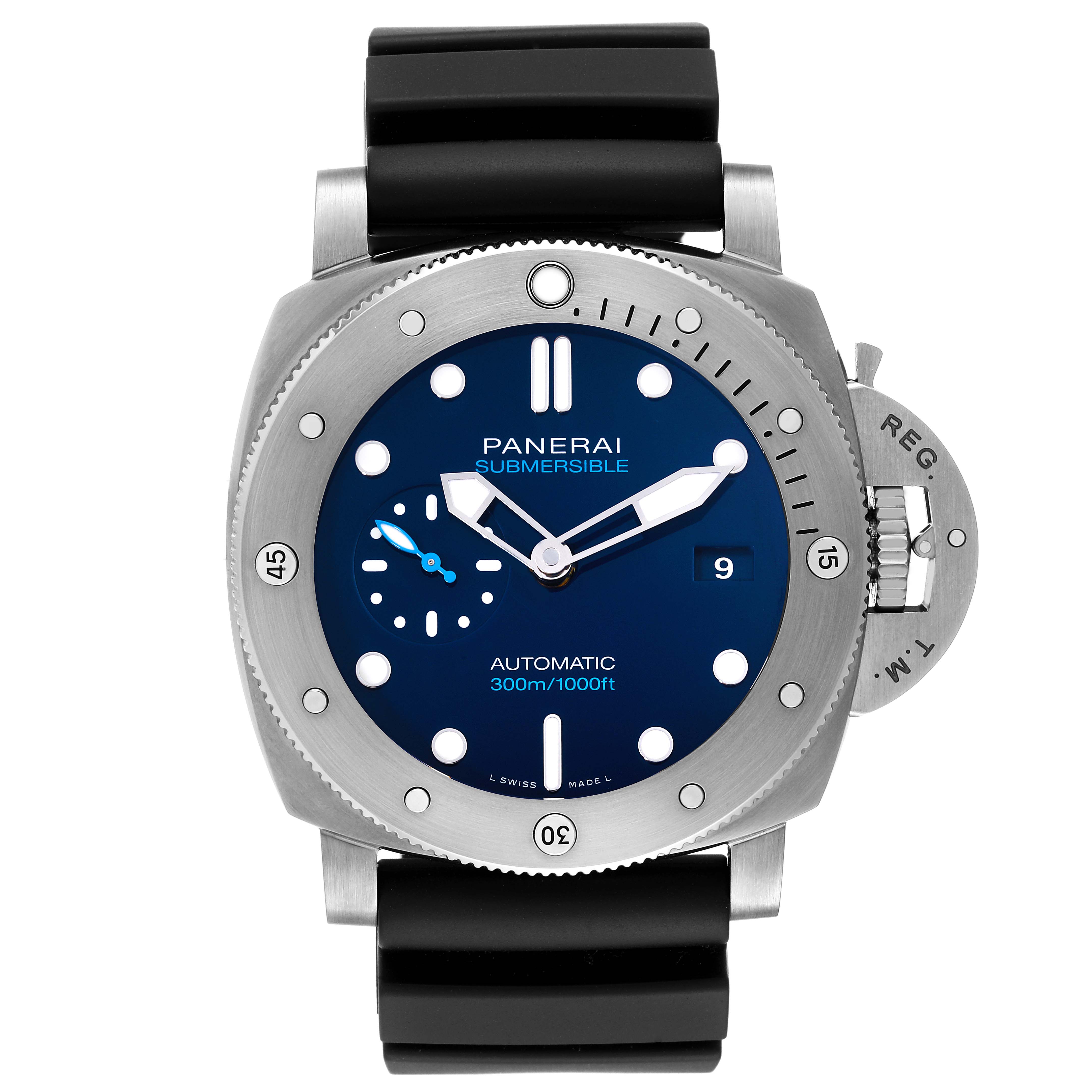 The Panerai Submersible PAM00692 Men's Titanium Blue Dial PAM00692 Men's Titanium Blue Dial watch is shown from a front angle, displaying its face, bezel, and black strap.