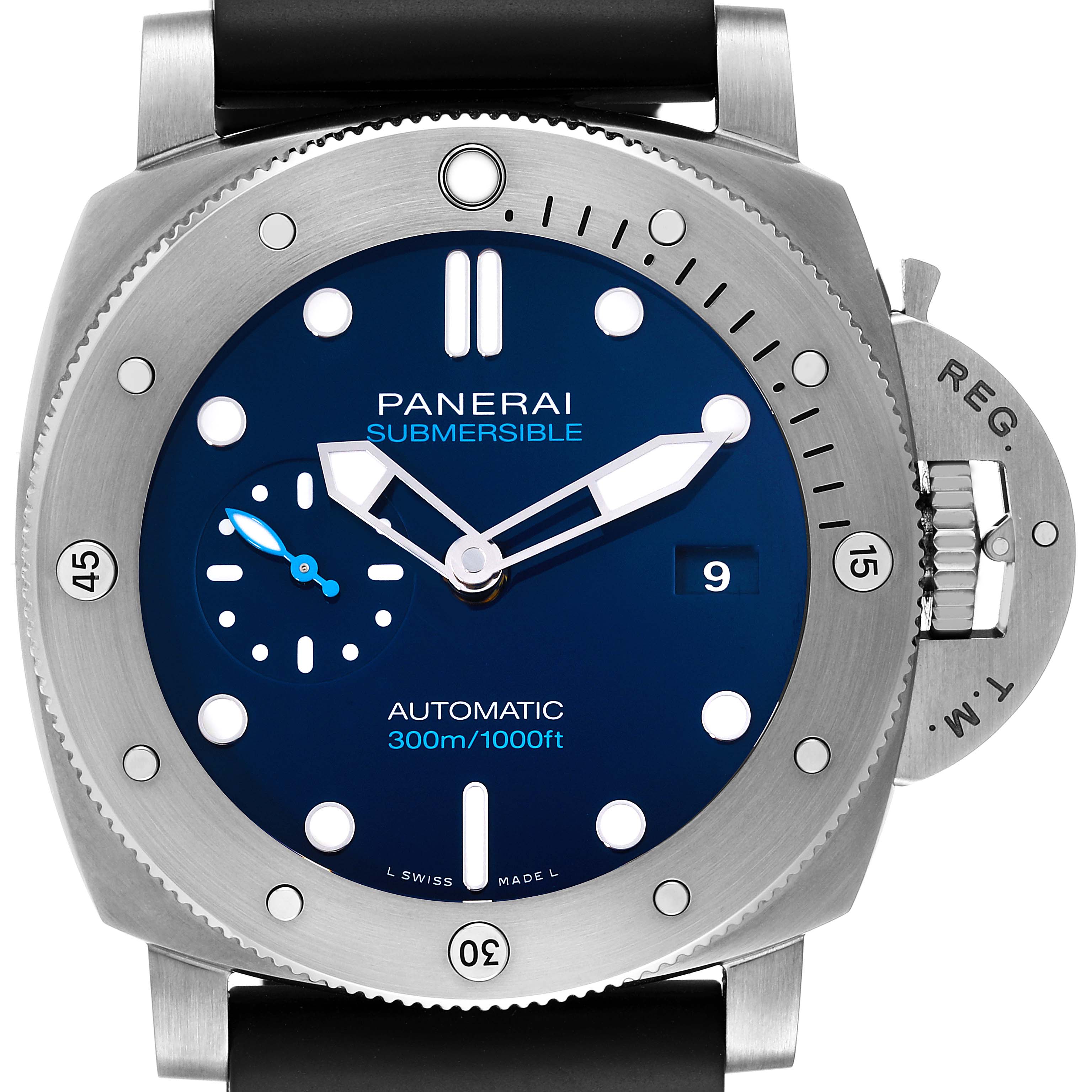 The image shows a front view of a Panerai Submersible PAM00692 Men's Titanium Blue Dial PAM00692 Men's Titanium Blue Dial watch, highlighting the dial, hands, bezel, and crown guard.