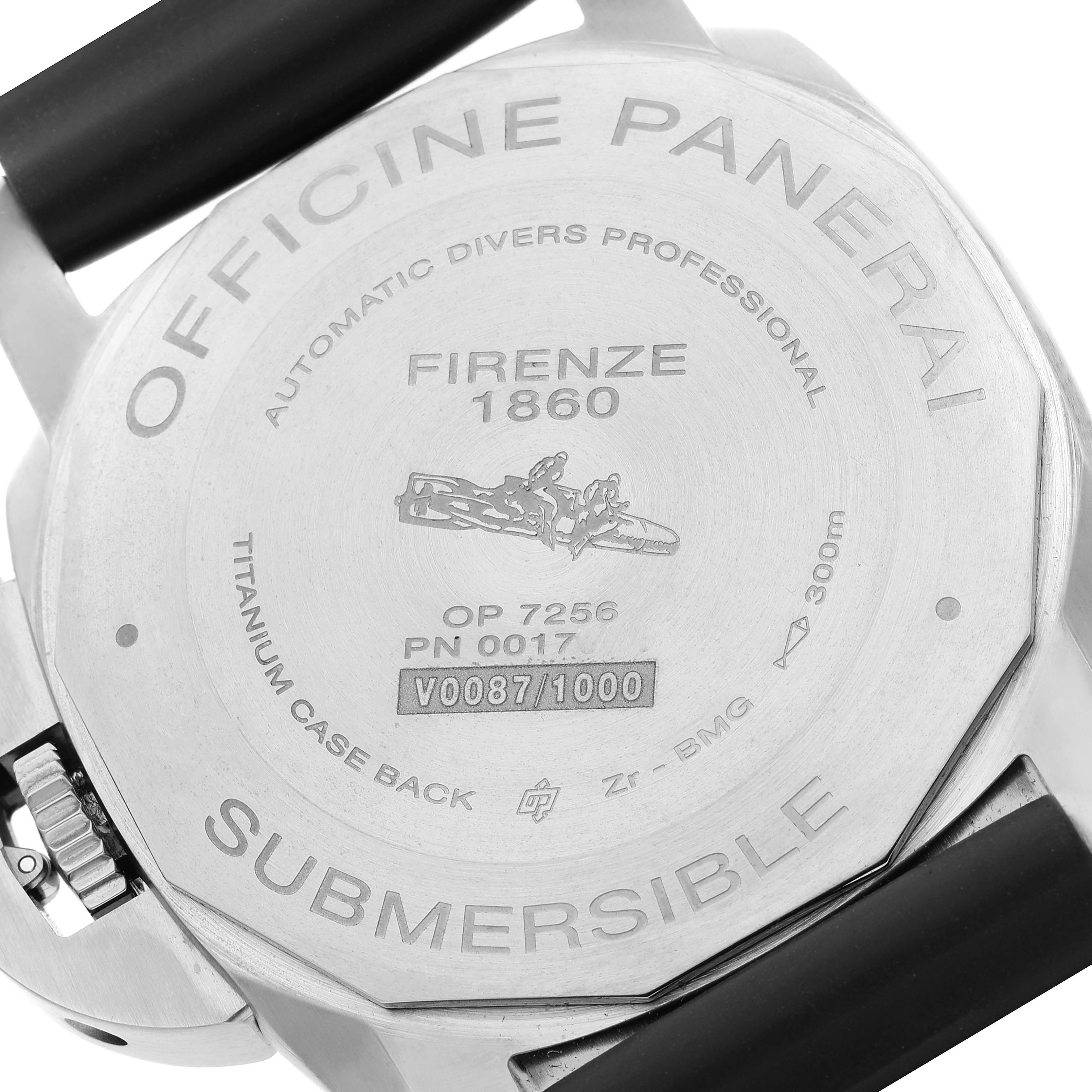 This image shows the back of a Panerai Submersible PAM00692 Men's Titanium Blue Dial PAM00692 Men's Titanium Blue Dial watch, including details about its model, material, and water resistance.