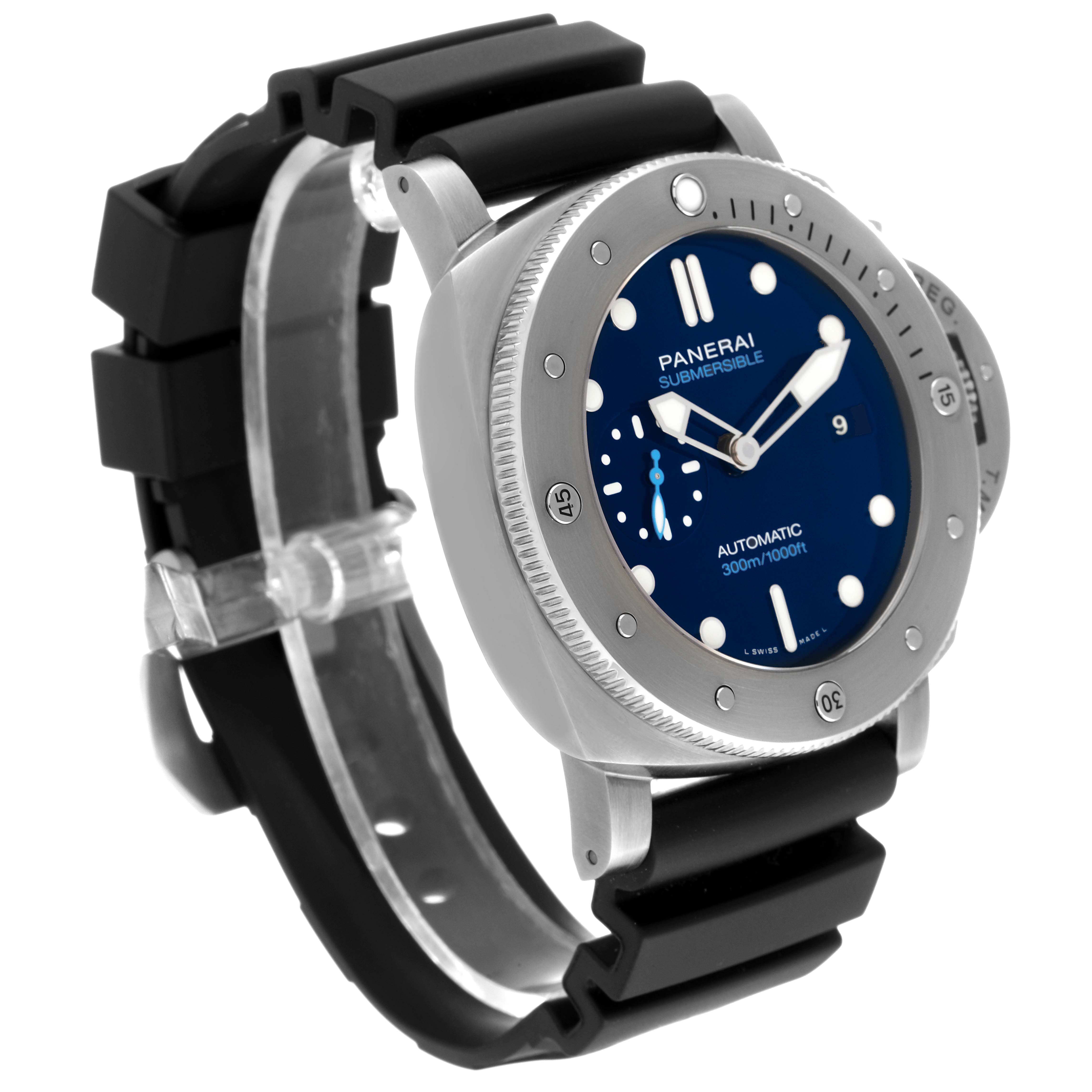 This image shows a Panerai Submersible PAM00692 Men's Titanium Blue Dial PAM00692 Men's Titanium Blue Dial watch from a front-left angle, displaying its face and rubber strap.