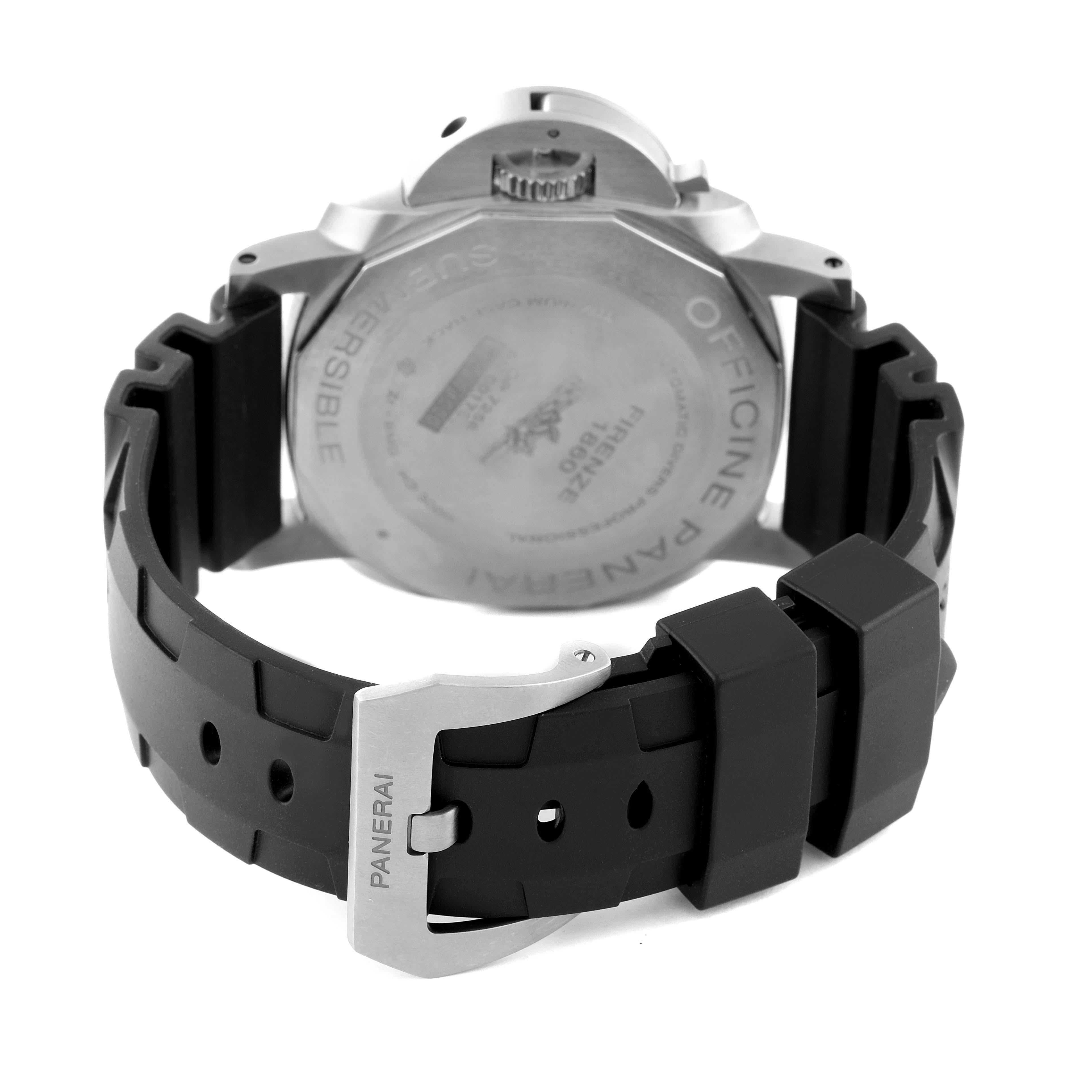 This is a rear view of a Panerai Submersible PAM00692 Men's Titanium Blue Dial PAM00692 Men's Titanium Blue Dial watch, showing the case back and black rubber strap with the Panerai buckle.