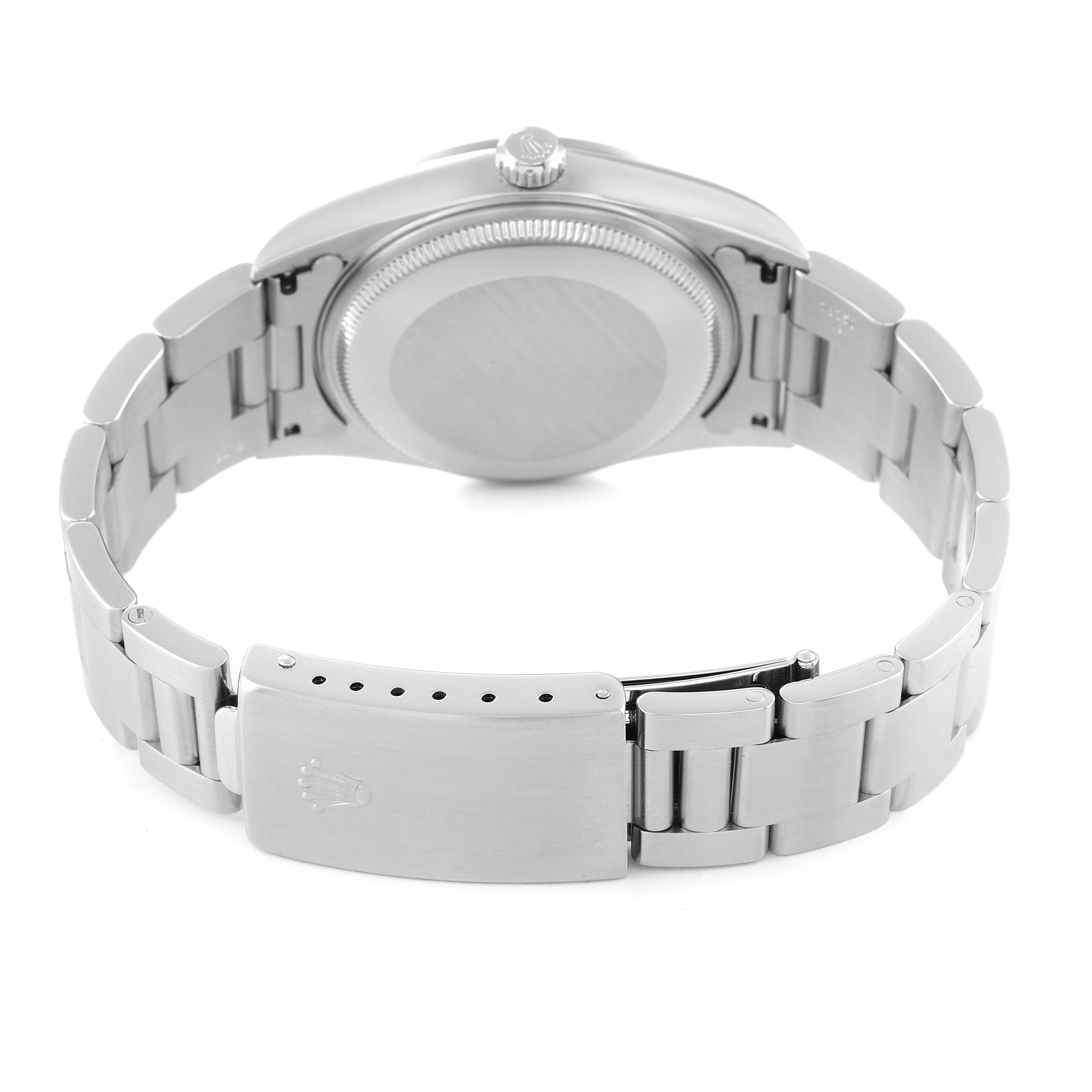 This image shows the back and bracelet of a Rolex Air-King 14000 Men's Stainless Steel Blue Dial 14000 Men's Stainless Steel Blue Dial watch, highlighting the clasp and case back.