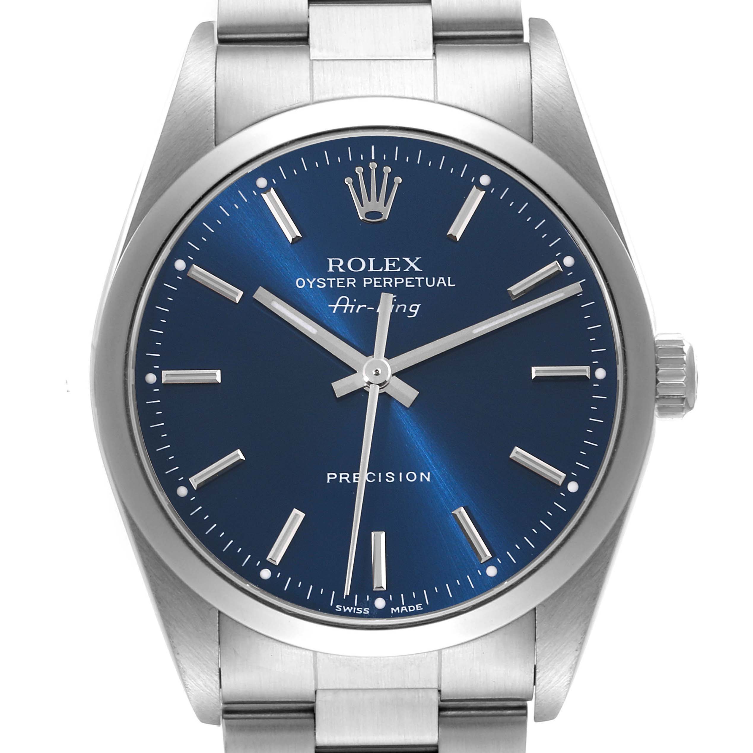 The image shows a front view of a Rolex Air-King 14000 Men's Stainless Steel Blue Dial 14000 Men's Stainless Steel Blue Dial watch, displaying its blue dial, hands, crown, and part of the bracelet.