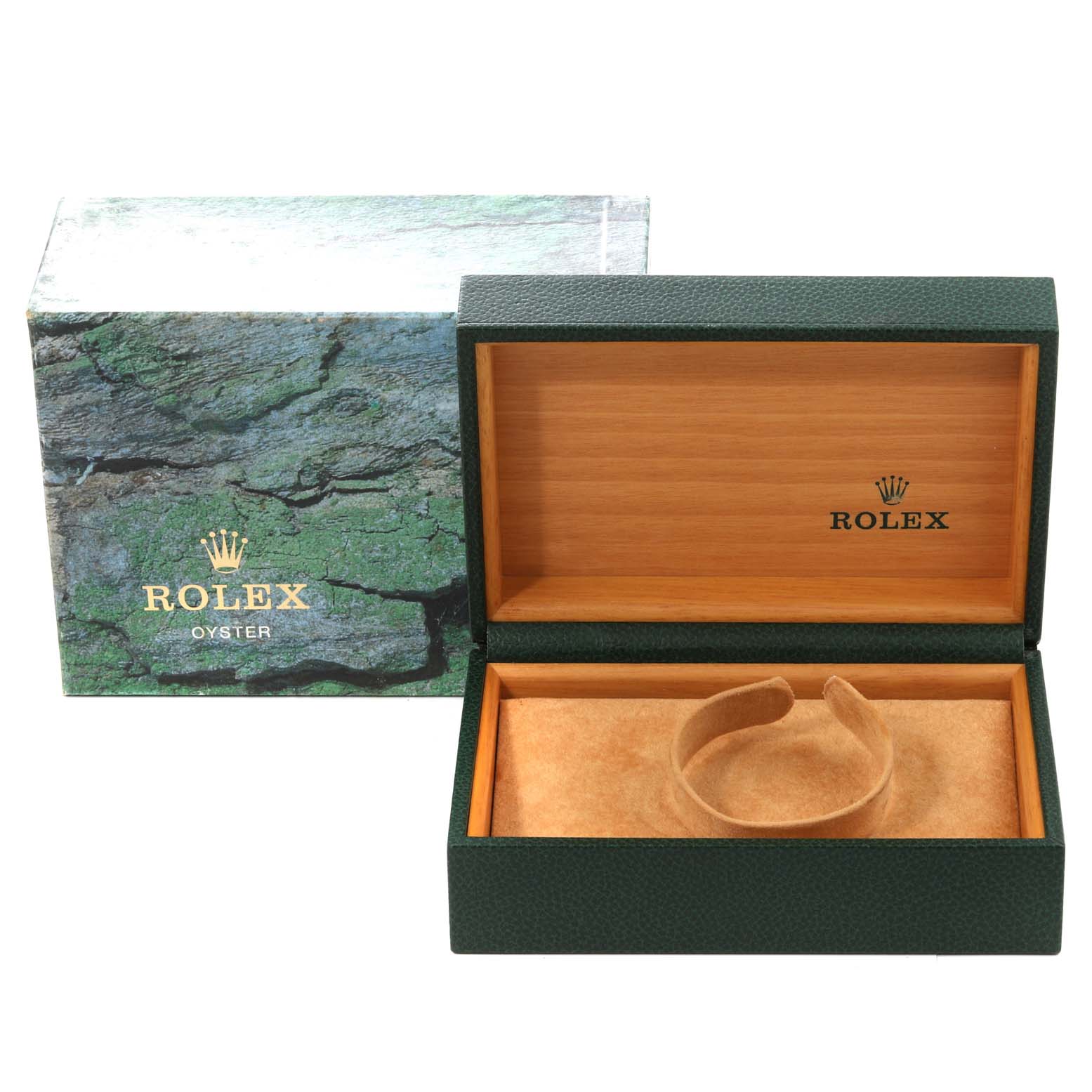 This image shows an open and empty Rolex Air-King 14000 Men's Stainless Steel Blue Dial 14000 Men's Stainless Steel Blue Dial watch box with a cushion, alongside its outer packaging box.