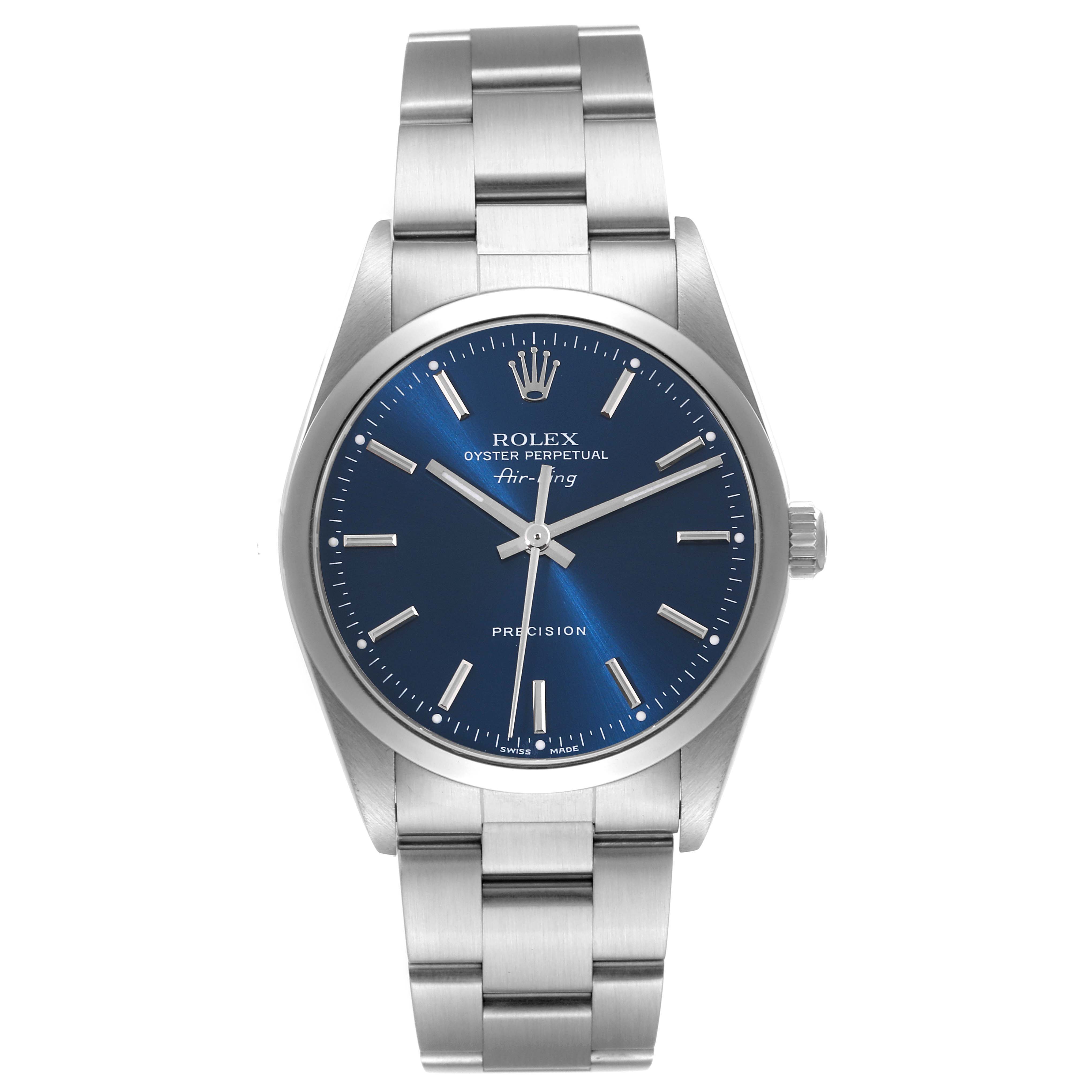 The image shows a front view of a Rolex Air-King 14000 Men's Stainless Steel Blue Dial 14000 Men's Stainless Steel Blue Dial watch, featuring a stainless steel bracelet and a blue dial.