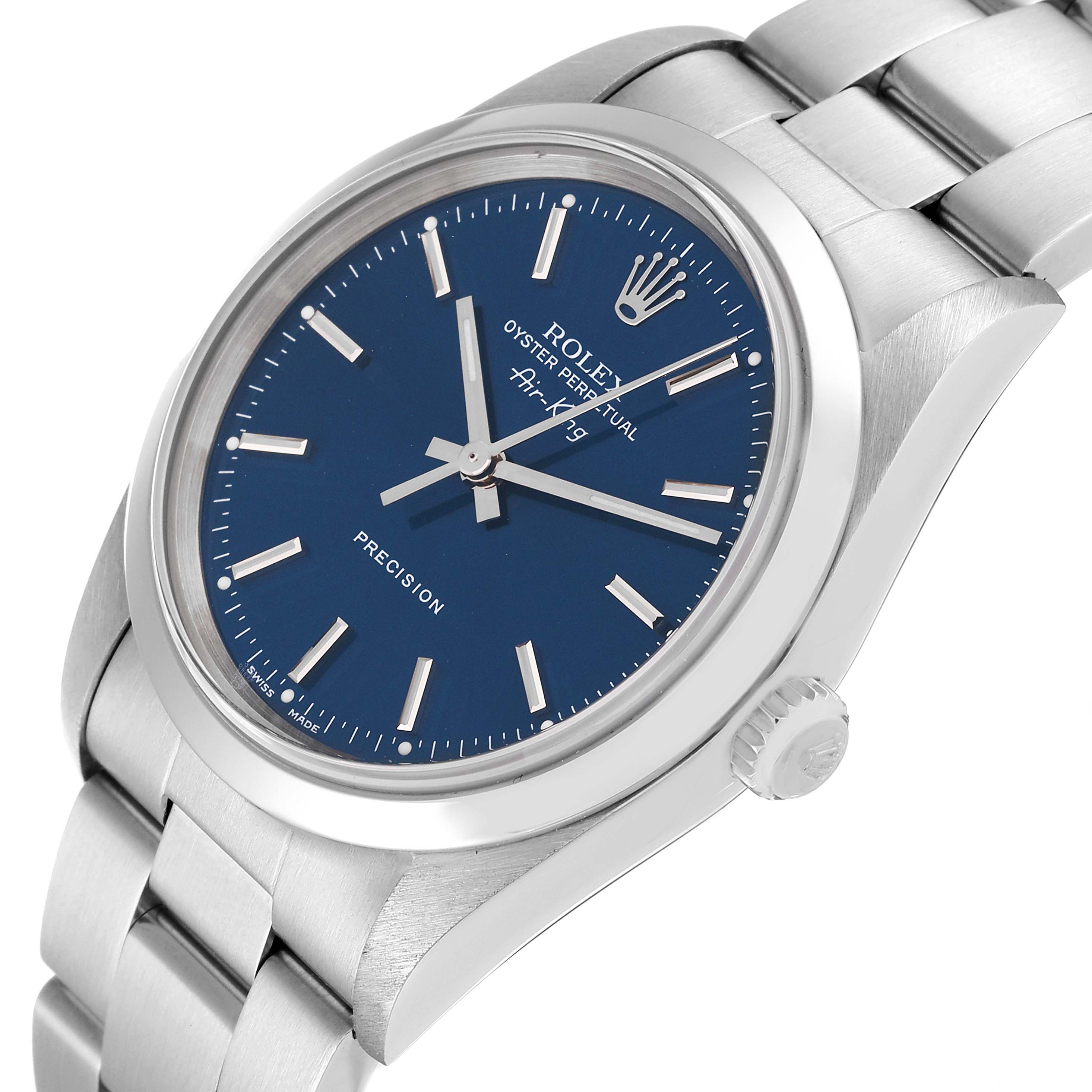 The image shows an angled view of the Rolex Air-King 14000 Men's Stainless Steel Blue Dial 14000 Men's Stainless Steel Blue Dial watch, highlighting its blue dial, silver hands, case, and bracelet.