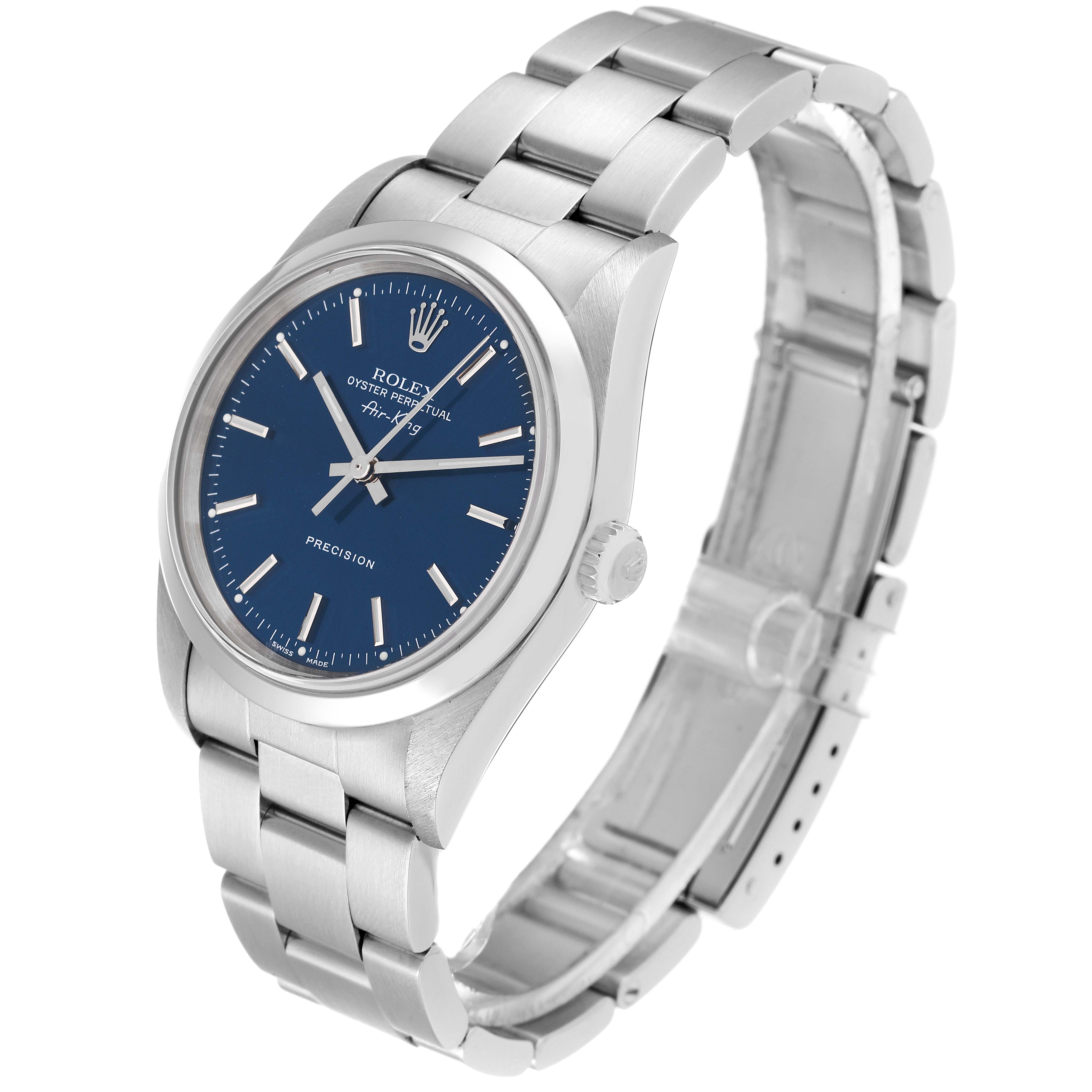 The image shows a Rolex Air-King 14000 Men's Stainless Steel Blue Dial 14000 Men's Stainless Steel Blue Dial watch from a front angle, highlighting its blue dial, stainless steel case, and bracelet.