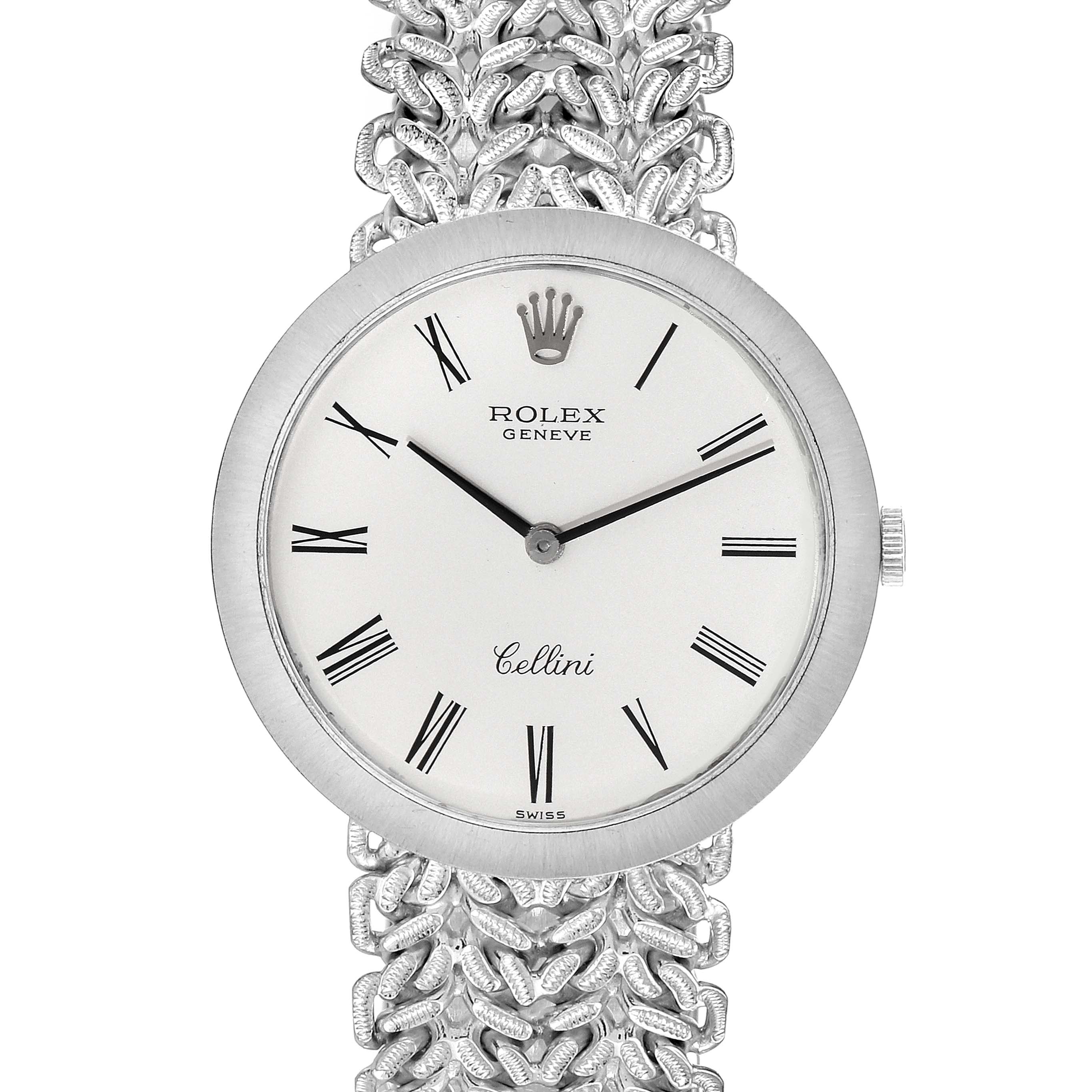 The image shows a frontal view of the Rolex Cellini 3838 Women's White Gold Silver Dial 3838 Women's White Gold Silver Dial watch, highlighting its dial, Roman numerals, and intricate metal bracelet.