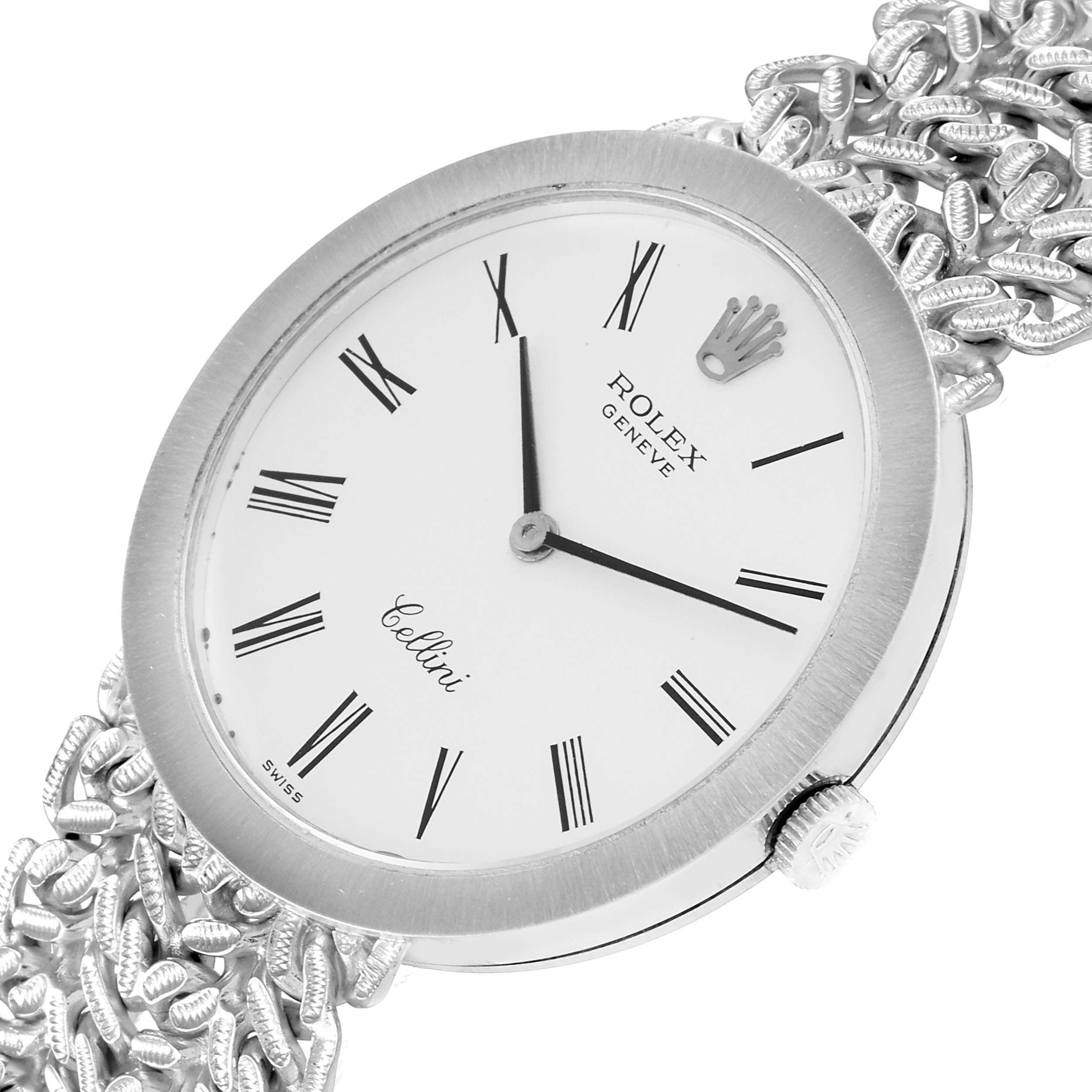 This image shows a close-up of the Rolex Cellini 3838 Women's White Gold Silver Dial 3838 Women's White Gold Silver Dial watch's face, crown, bezel, and part of its strap.