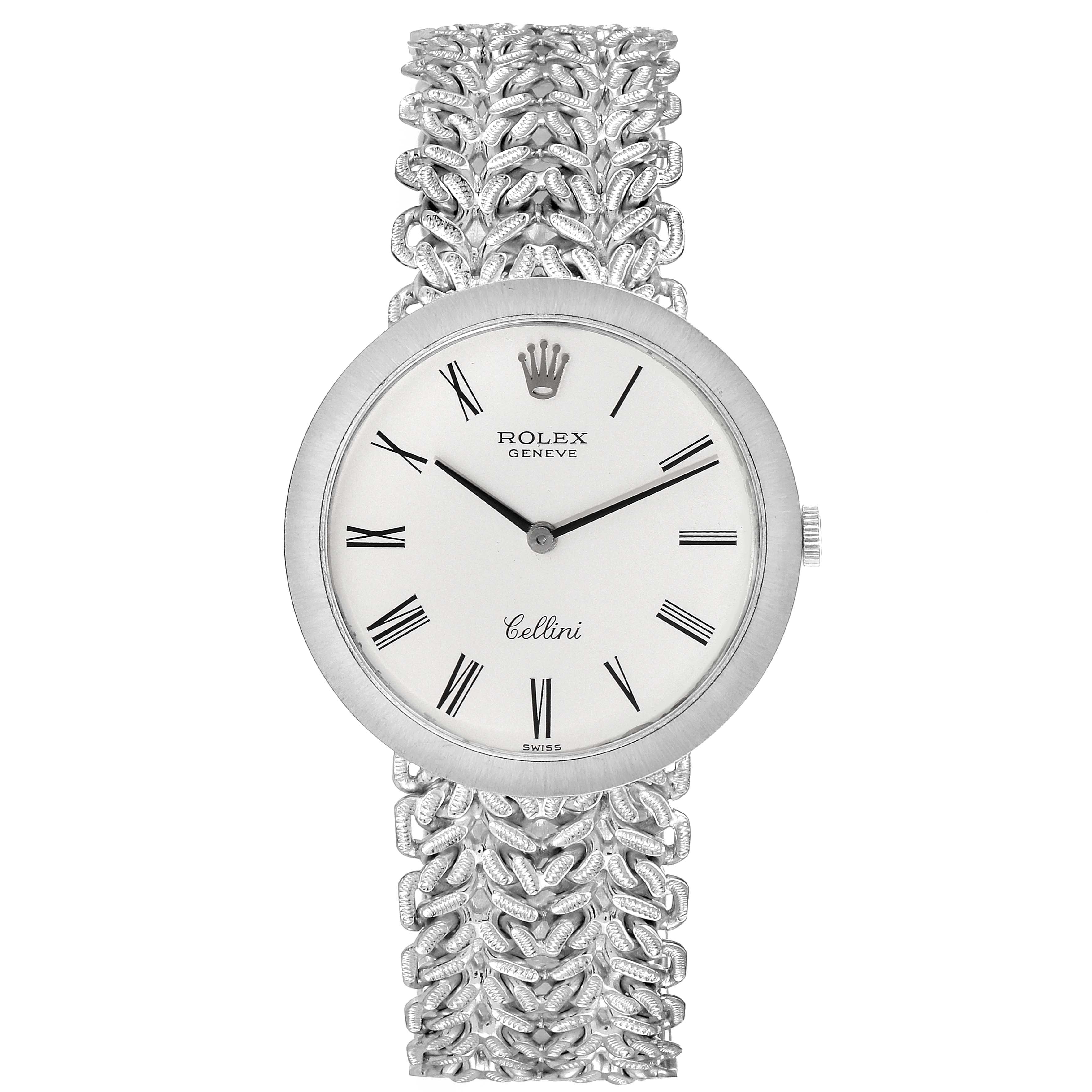 The image shows a front view of a Rolex Cellini 3838 Women's White Gold Silver Dial 3838 Women's White Gold Silver Dial watch including its intricate bracelet and dial.