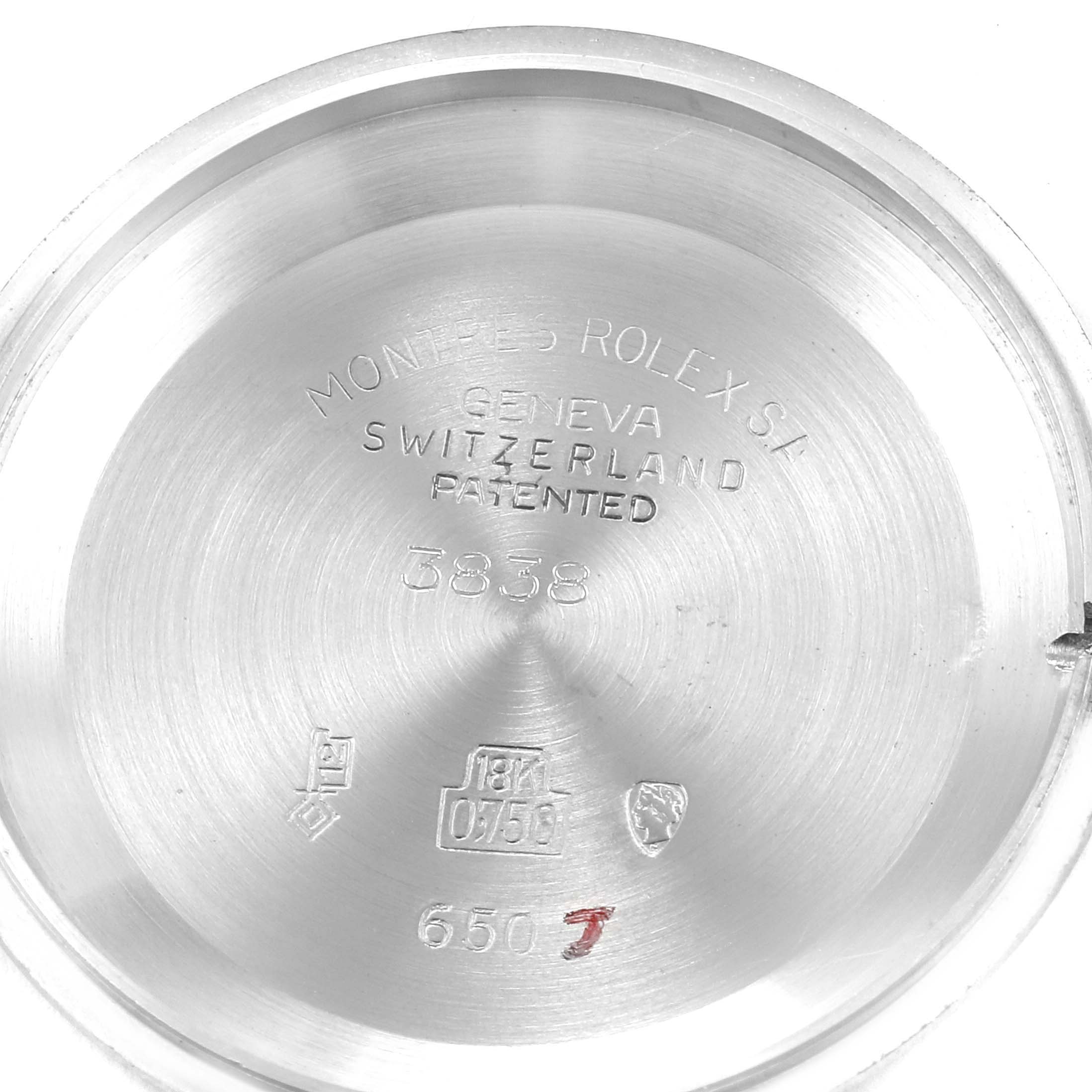 The image shows the interior case back of a Rolex Cellini 3838 Women's White Gold Silver Dial 3838 Women's White Gold Silver Dial watch, displaying model and patent details.