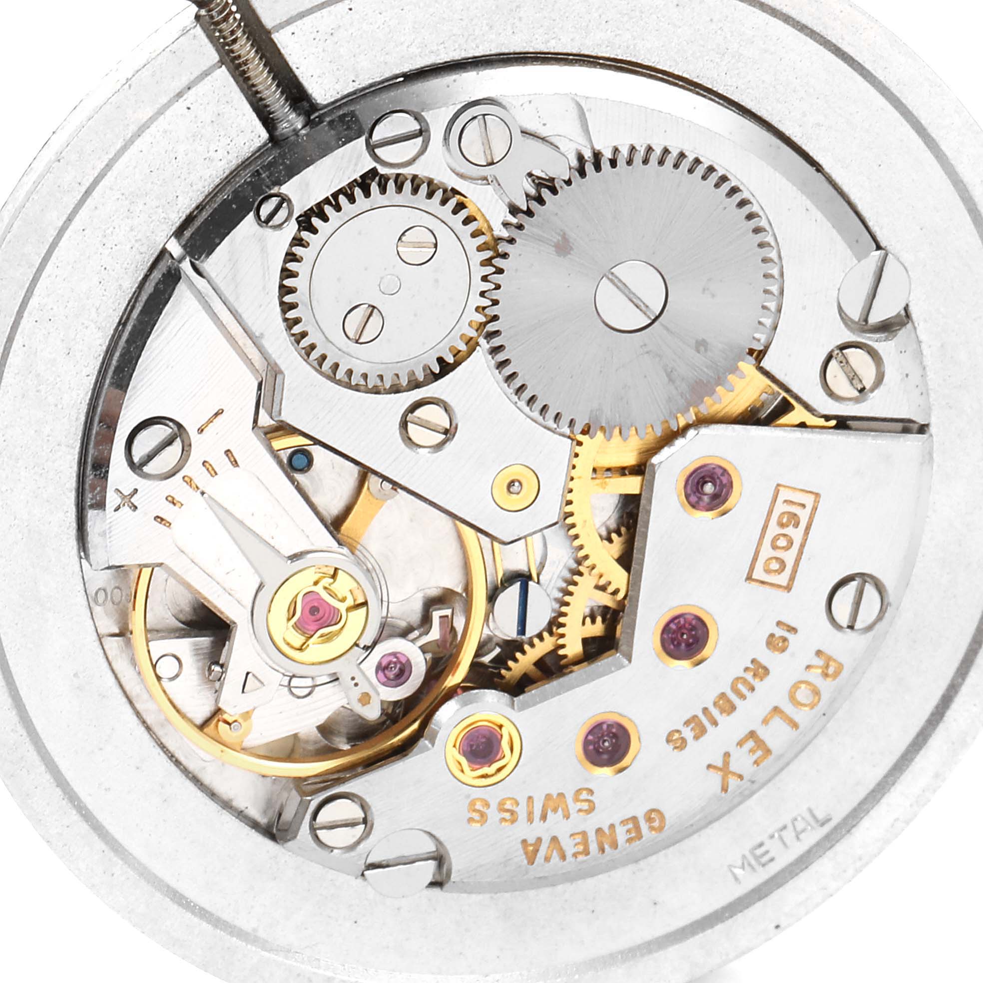 The image shows an overhead view of the movement mechanism of a Rolex Cellini 3838 Women's White Gold Silver Dial 3838 Women's White Gold Silver Dial watch.