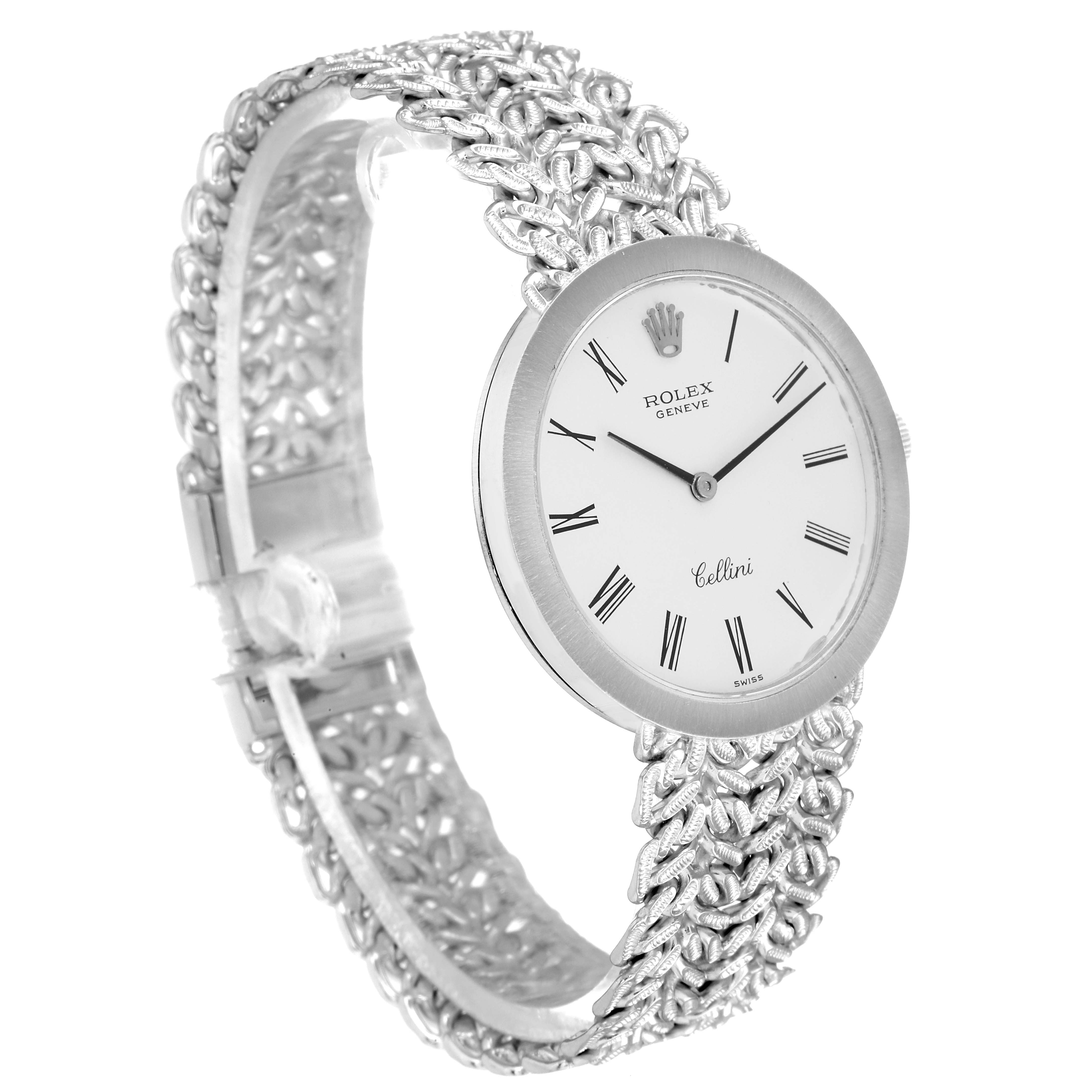 The image shows a side angle of the Rolex Cellini 3838 Women's White Gold Silver Dial 3838 Women's White Gold Silver Dial watch, highlighting its intricate bracelet and classic dial.