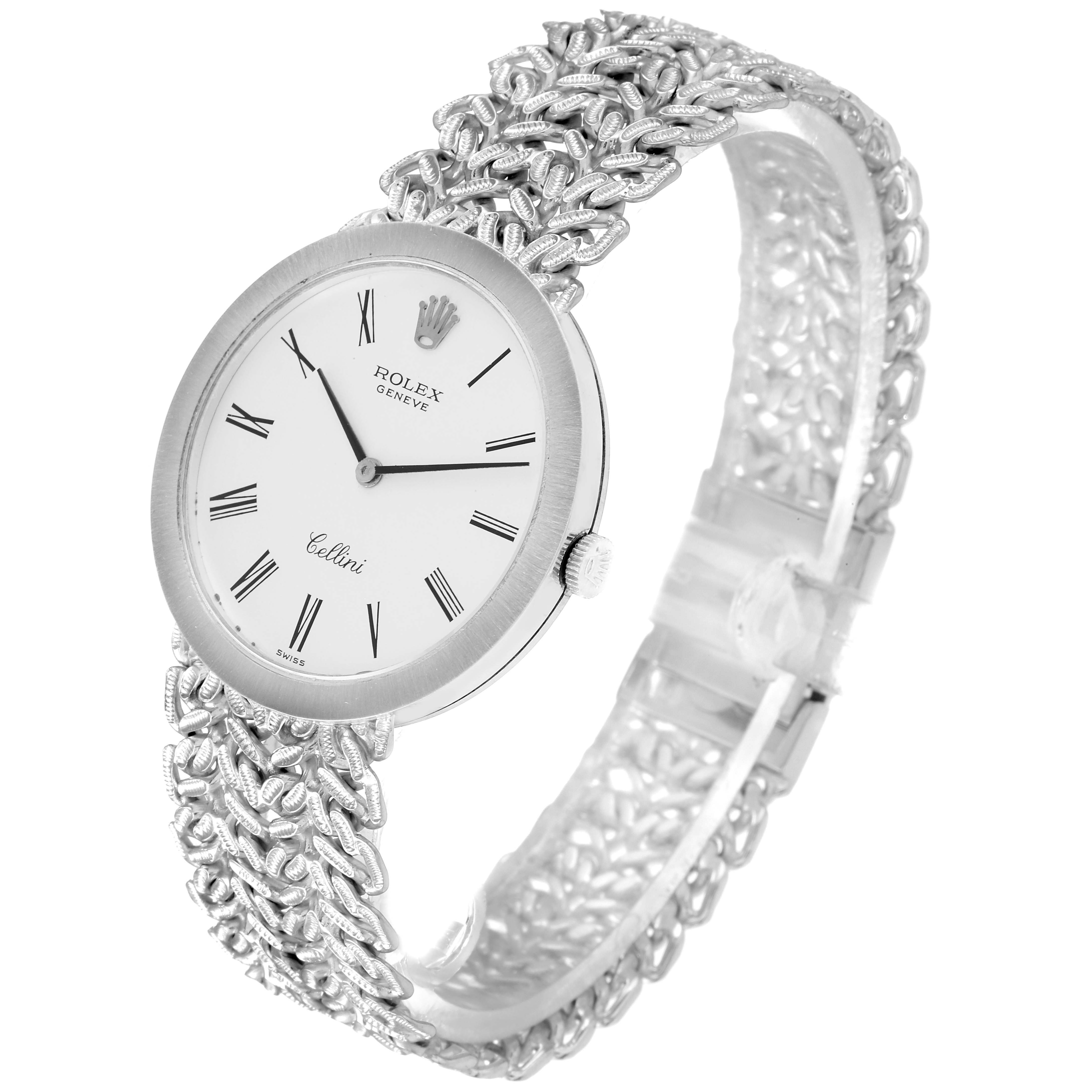 The image shows a close-up, angled view of the Rolex Cellini 3838 Women's White Gold Silver Dial 3838 Women's White Gold Silver Dial watch, highlighting the dial, casing, and ornate band.