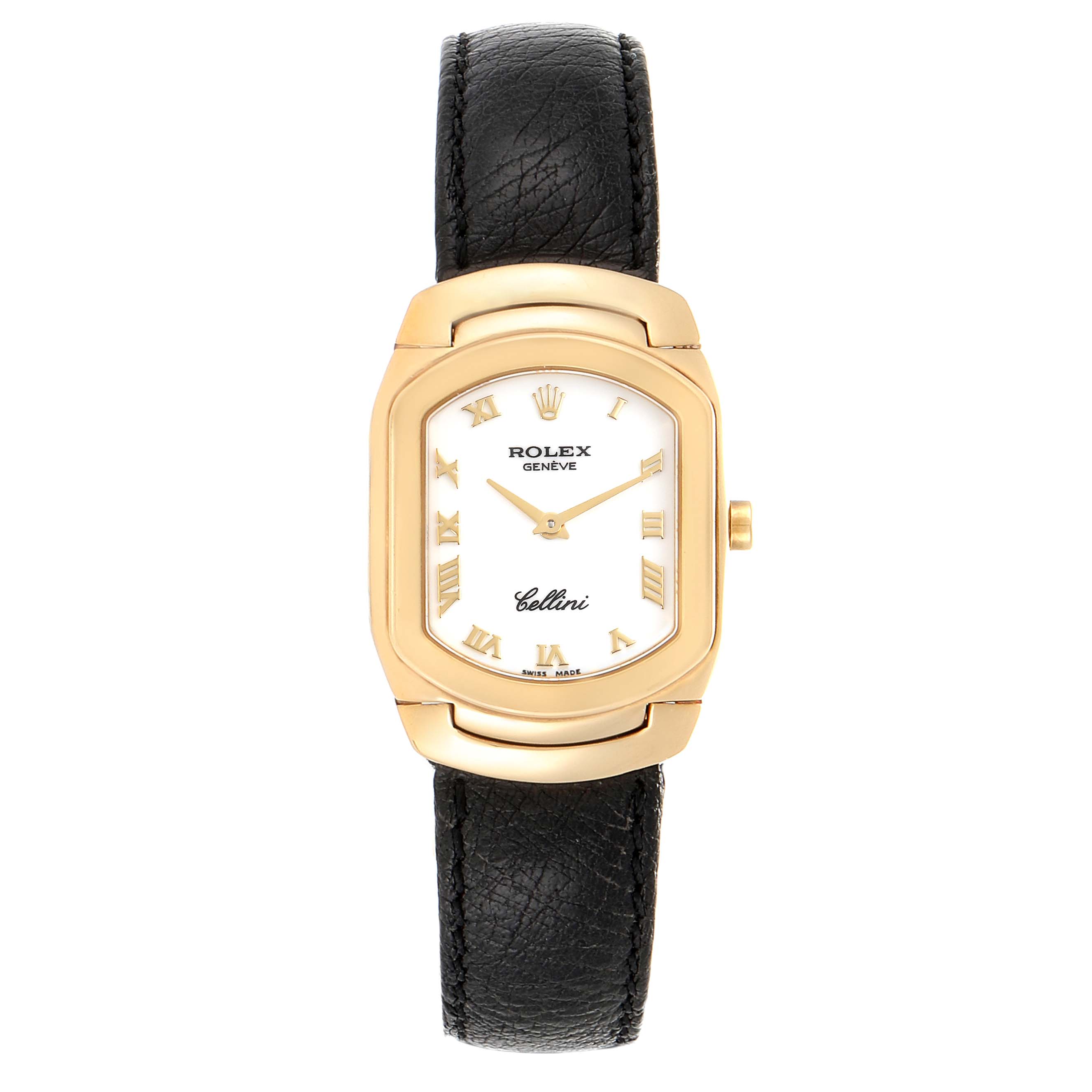 This Rolex Cellini 6691 Women's Yellow Gold White Dial 6691 Women's Yellow Gold White Dial watch is shown from a direct front angle, highlighting its dial, hands, case, crown, and leather strap.