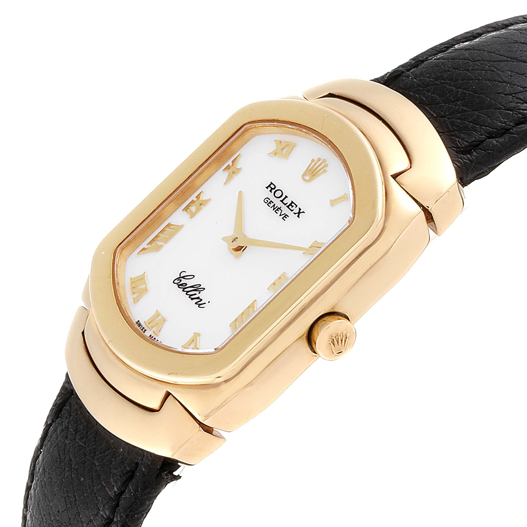 The image shows a close-up angle of a Rolex Cellini 6691 Women's Yellow Gold White Dial 6691 Women's Yellow Gold White Dial watch featuring its gold bezel, crown, and black leather strap.