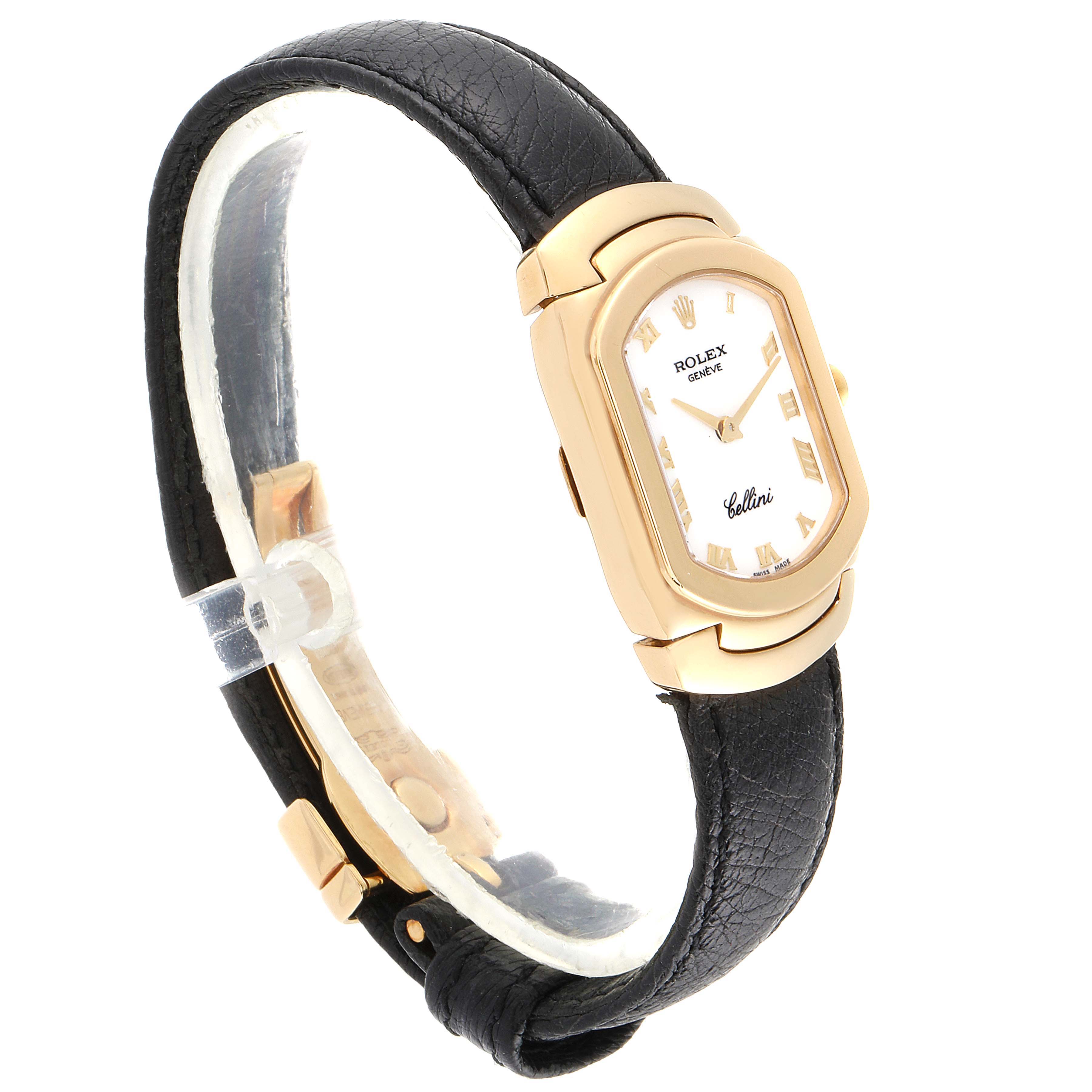 The Rolex Cellini 6691 Women's Yellow Gold White Dial 6691 Women's Yellow Gold White Dial watch is shown at a three-quarter angle, highlighting its black leather strap and rectangular gold case.