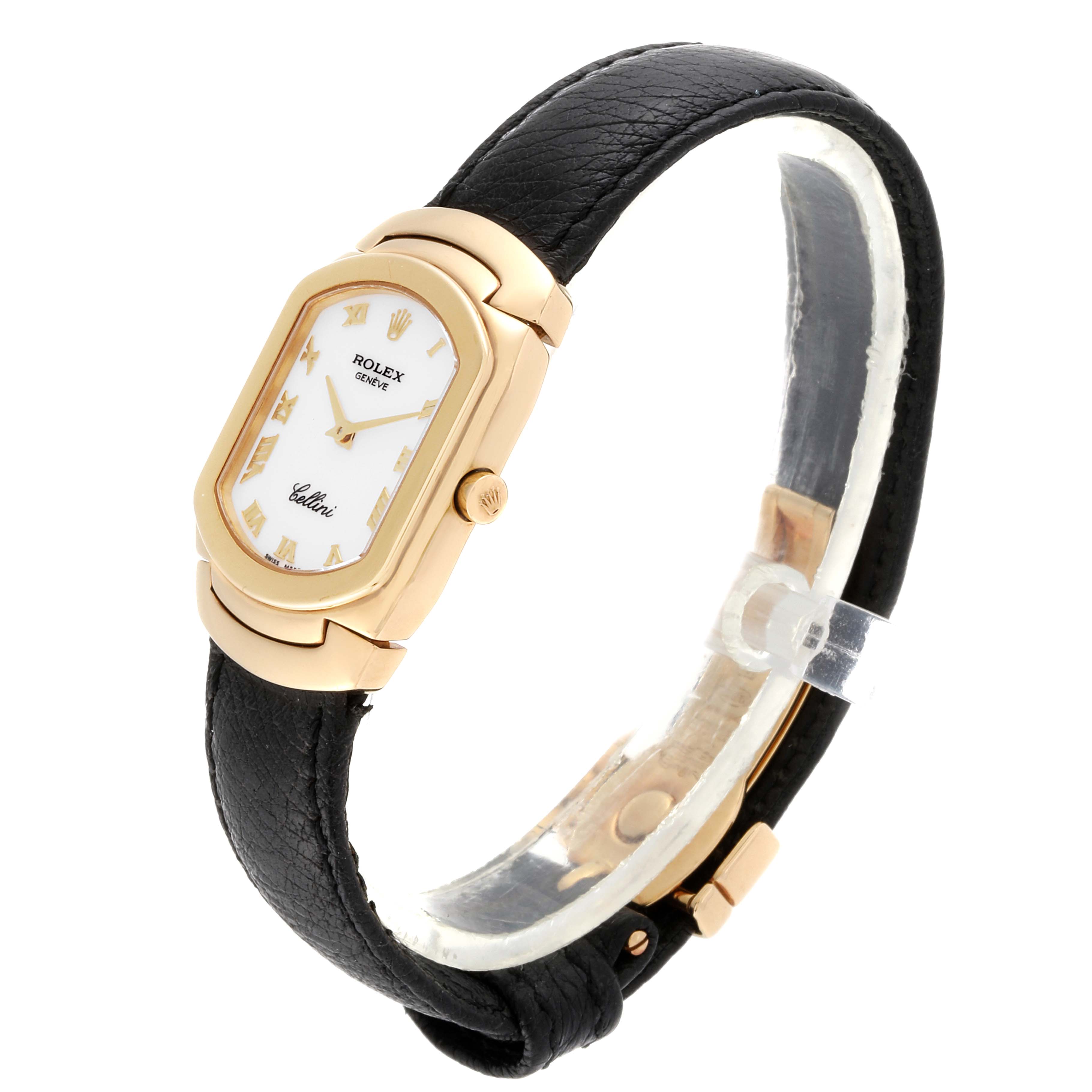 The image shows a Rolex Cellini 6691 Women's Yellow Gold White Dial 6691 Women's Yellow Gold White Dial watch at a side angle, highlighting its black leather strap and gold case with a white dial.