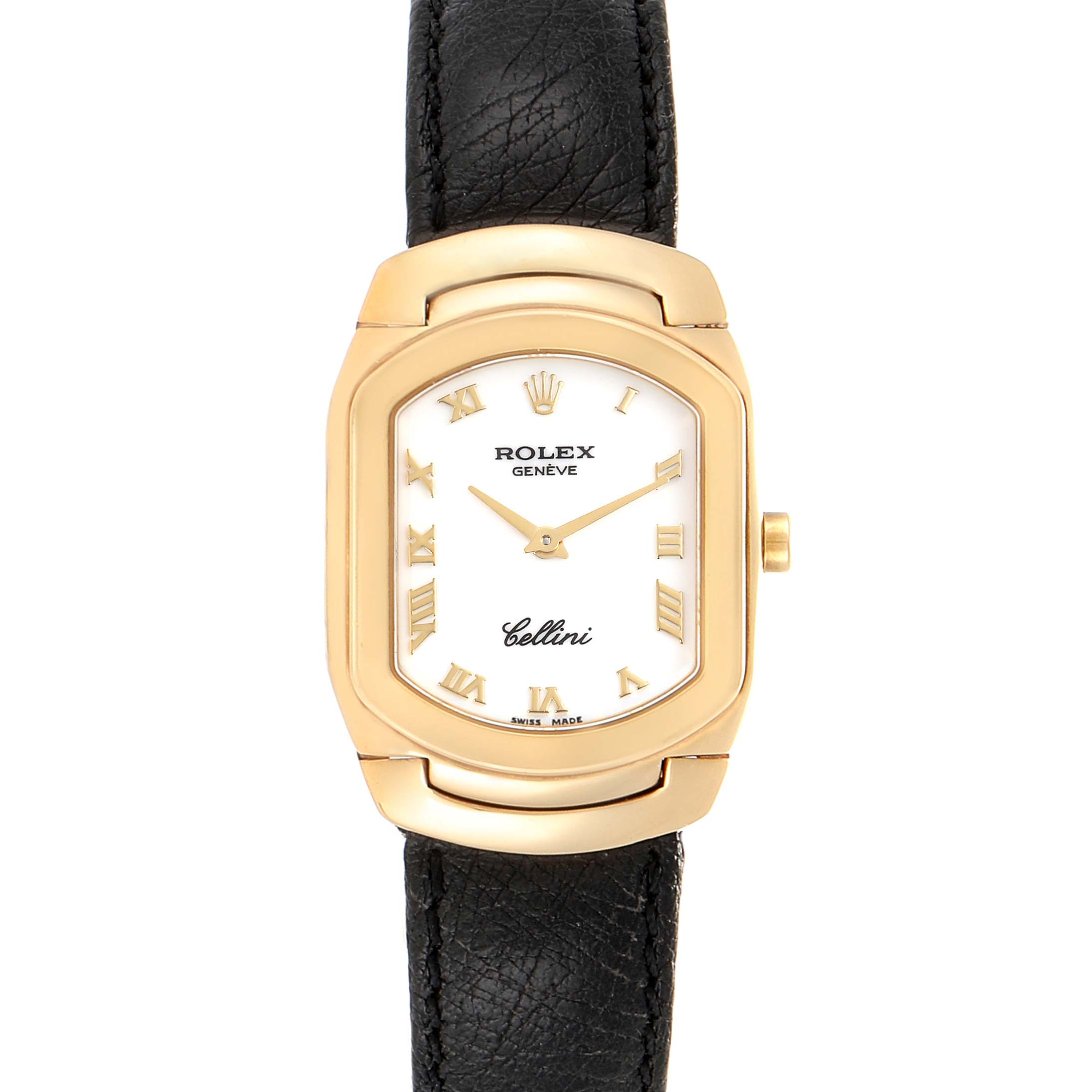 The image shows a front view of a Rolex Cellini 6691 Women's Yellow Gold White Dial 6691 Women's Yellow Gold White Dial watch, highlighting the dial, gold case, and black leather strap.