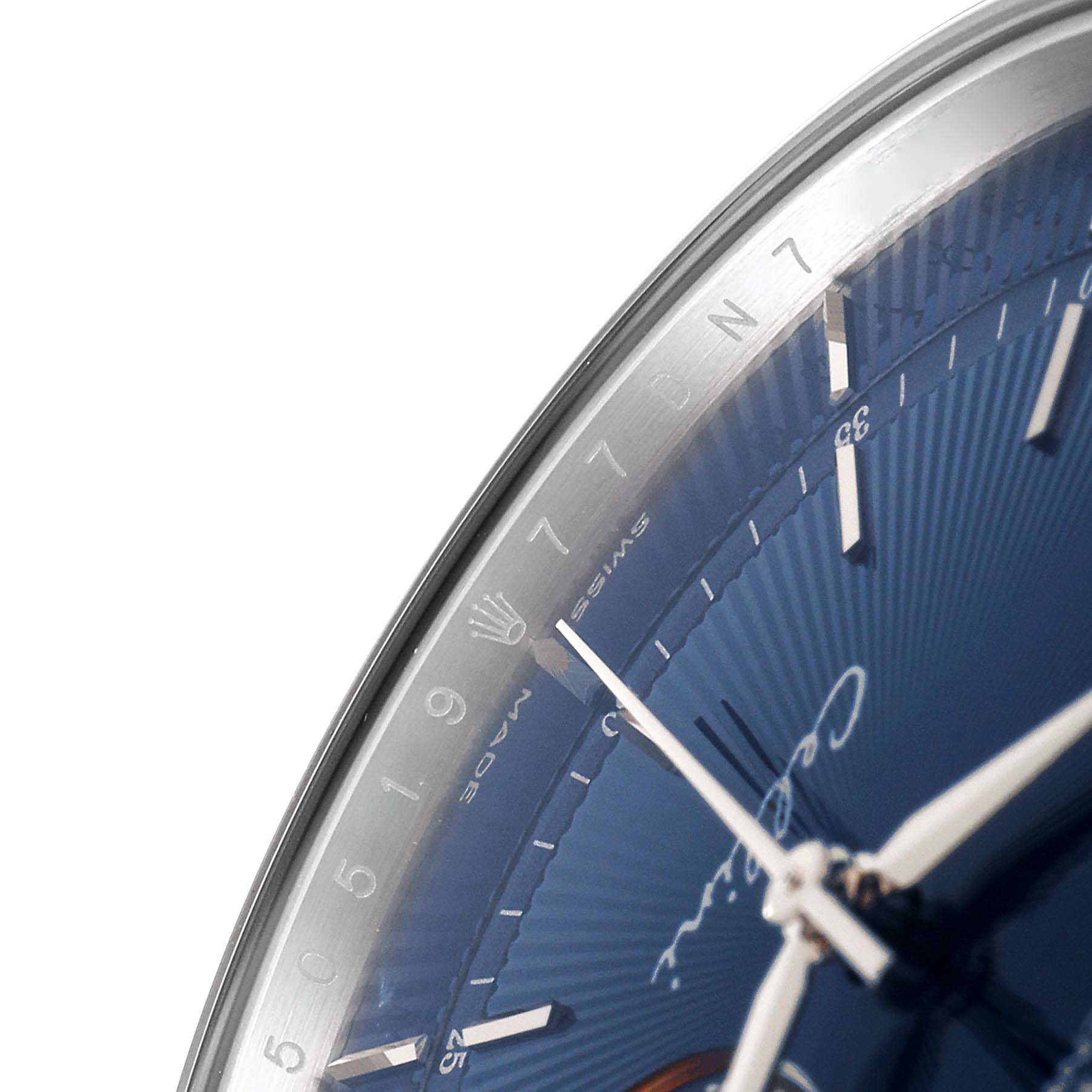 The close-up image shows the face, hands, and partial bezel of a Rolex Cellini 50519 Men's White Gold Blue Dial 50519 Men's White Gold Blue Dial watch, highlighting the blue dial and markers.