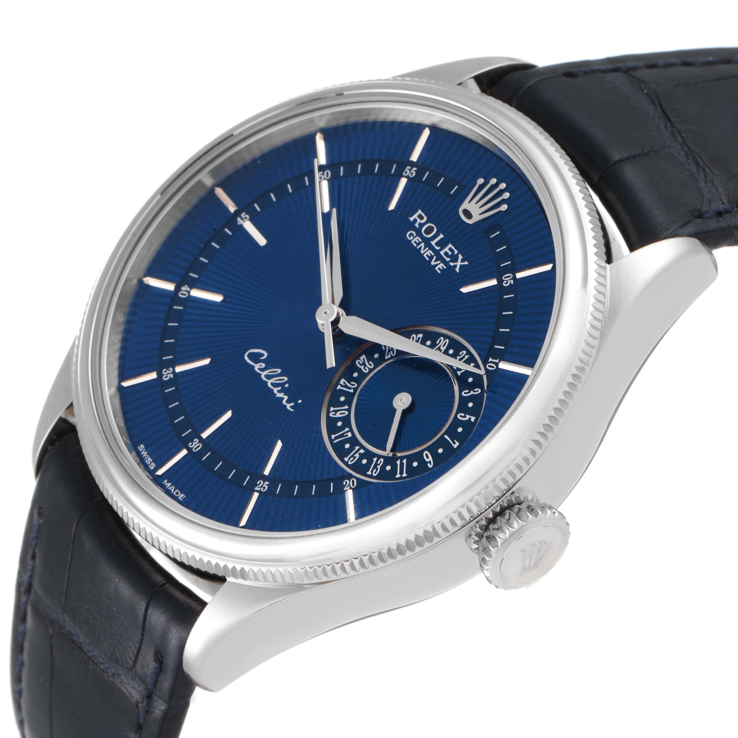 The Cellini model by Rolex is shown at an angle highlighting the blue dial, crown, and part of the leather strap.