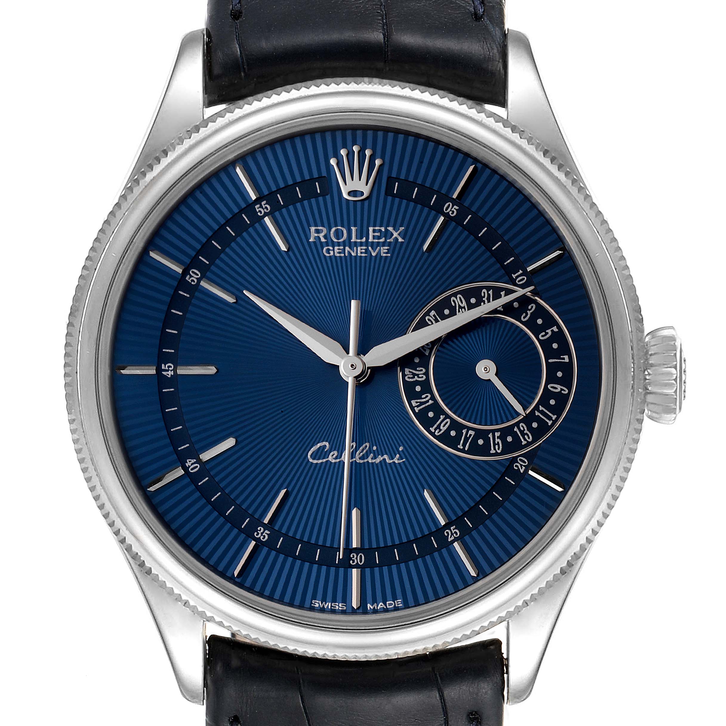 The Rolex Cellini 50519 Men's White Gold Blue Dial 50519 Men's White Gold Blue Dial watch is shown from the front, displaying the dial, hands, crown, and part of the leather strap.