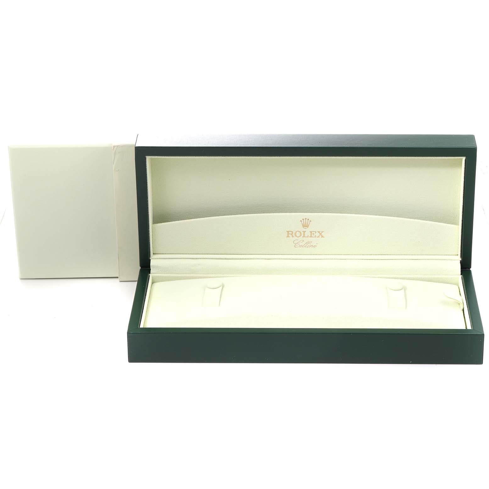 This image shows an open Rolex Cellini 50519 Men's White Gold Blue Dial 50519 Men's White Gold Blue Dial watch box at a slight angle, displaying the interior.