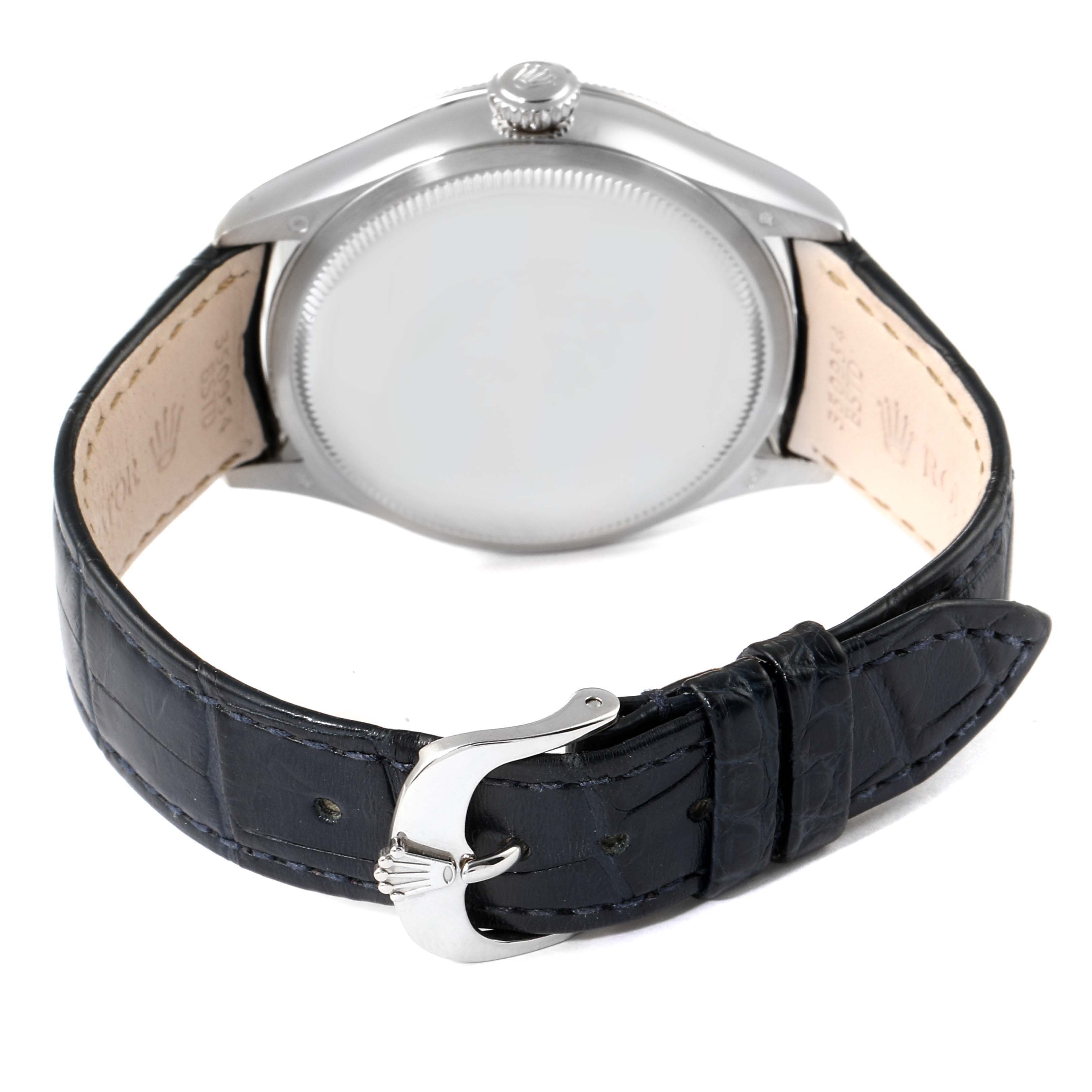 The image shows the back of the Rolex Cellini 50519 Men's White Gold Blue Dial 50519 Men's White Gold Blue Dial watch, including the strap and buckle.