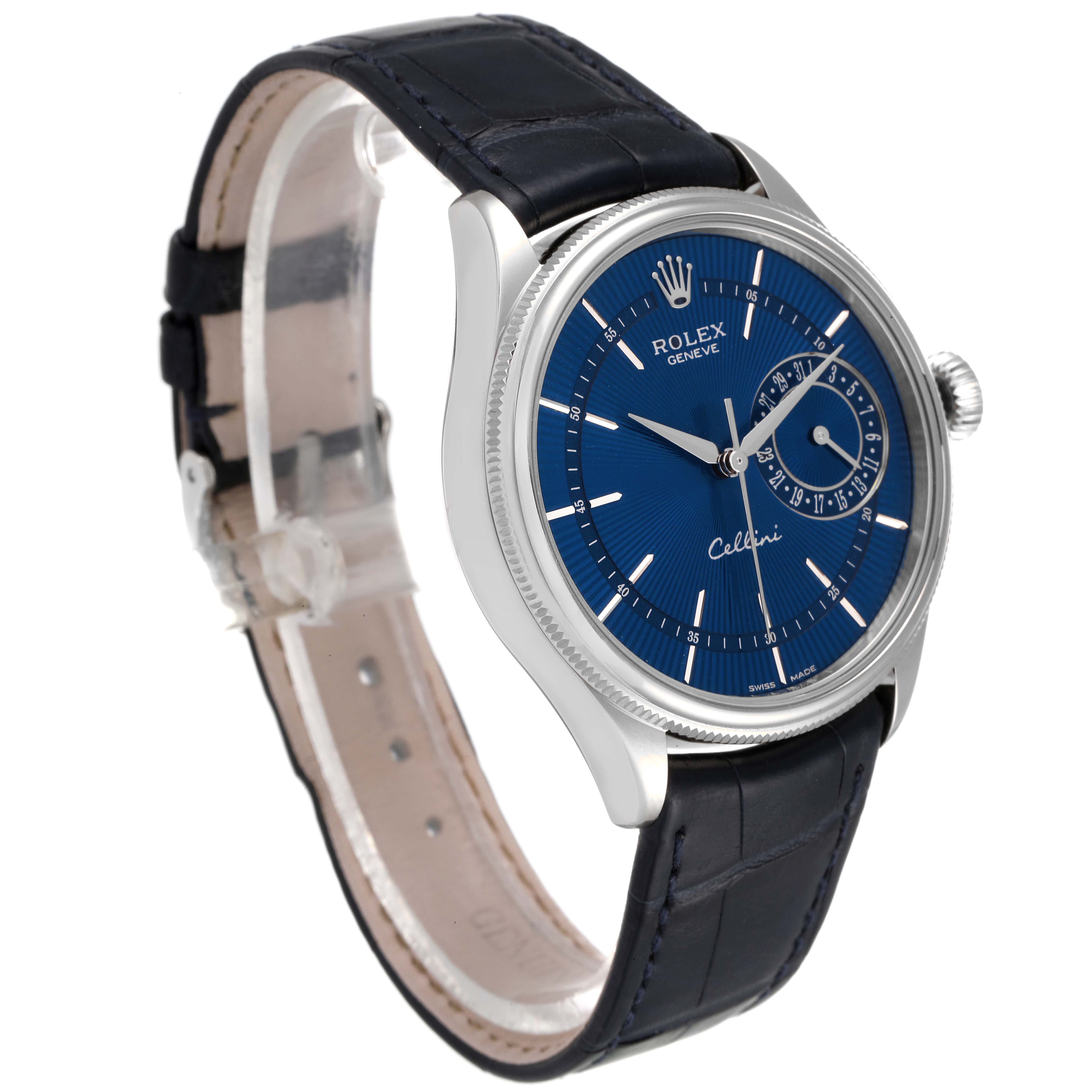 The image shows a Rolex Cellini 50519 Men's White Gold Blue Dial 50519 Men's White Gold Blue Dial watch at a three-quarter angle, highlighting its blue dial, bezel, crown, and leather strap.