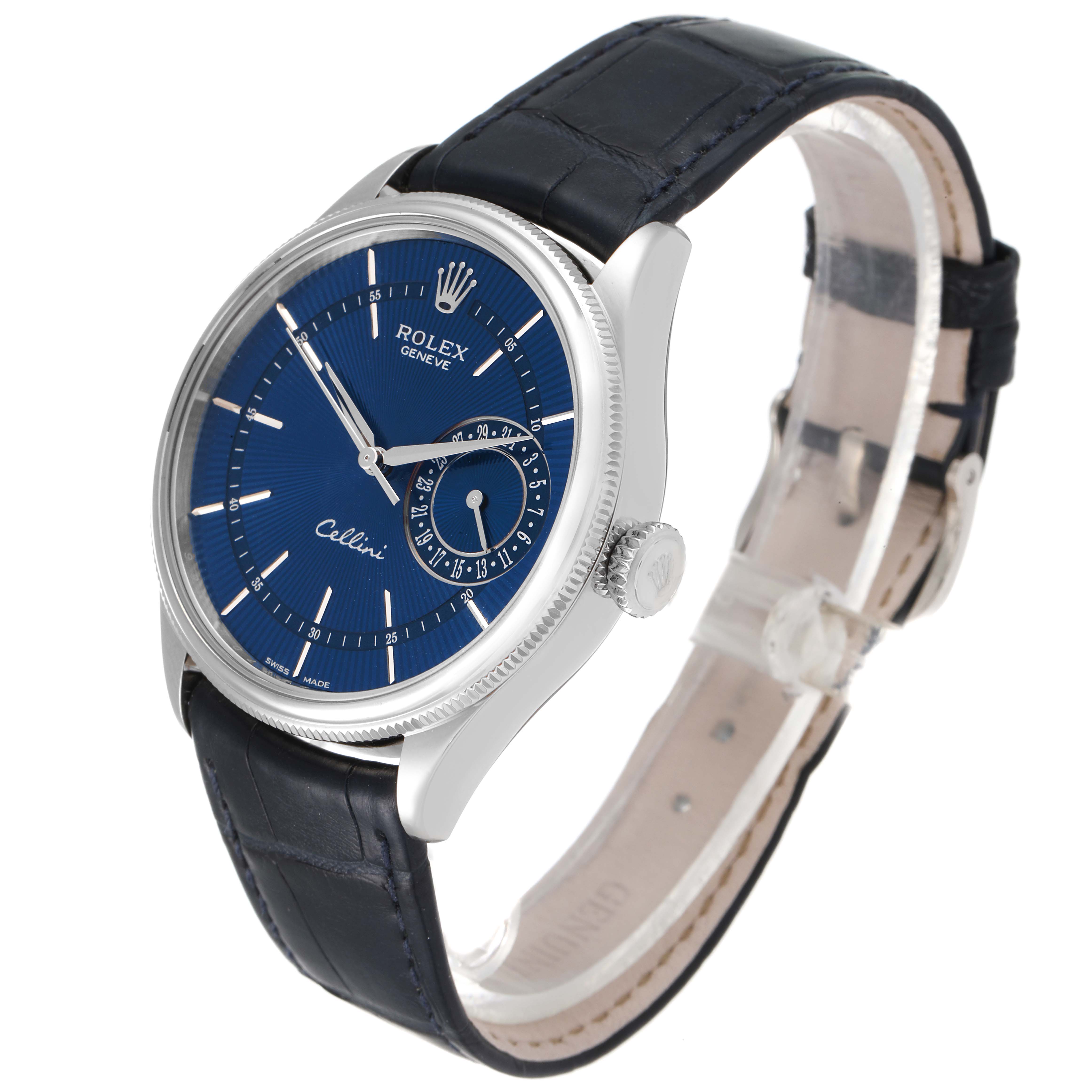 This image shows a Rolex Cellini 50519 Men's White Gold Blue Dial 50519 Men's White Gold Blue Dial watch at a three-quarter angle, highlighting the blue dial, crown, and black leather strap.