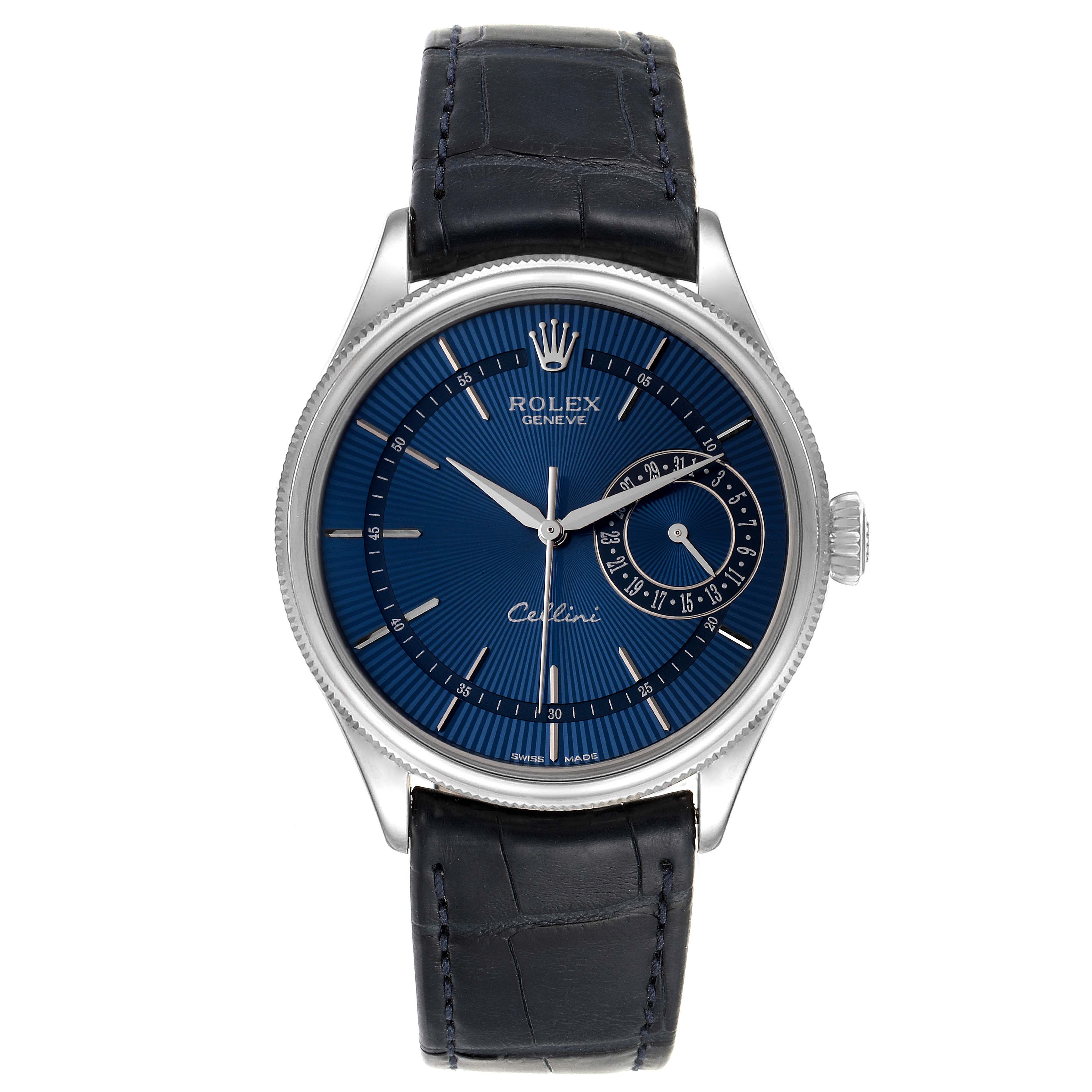 This is a front view of the Rolex Cellini 50519 Men's White Gold Blue Dial 50519 Men's White Gold Blue Dial watch displaying the dial, bezel, crown, and leather strap.