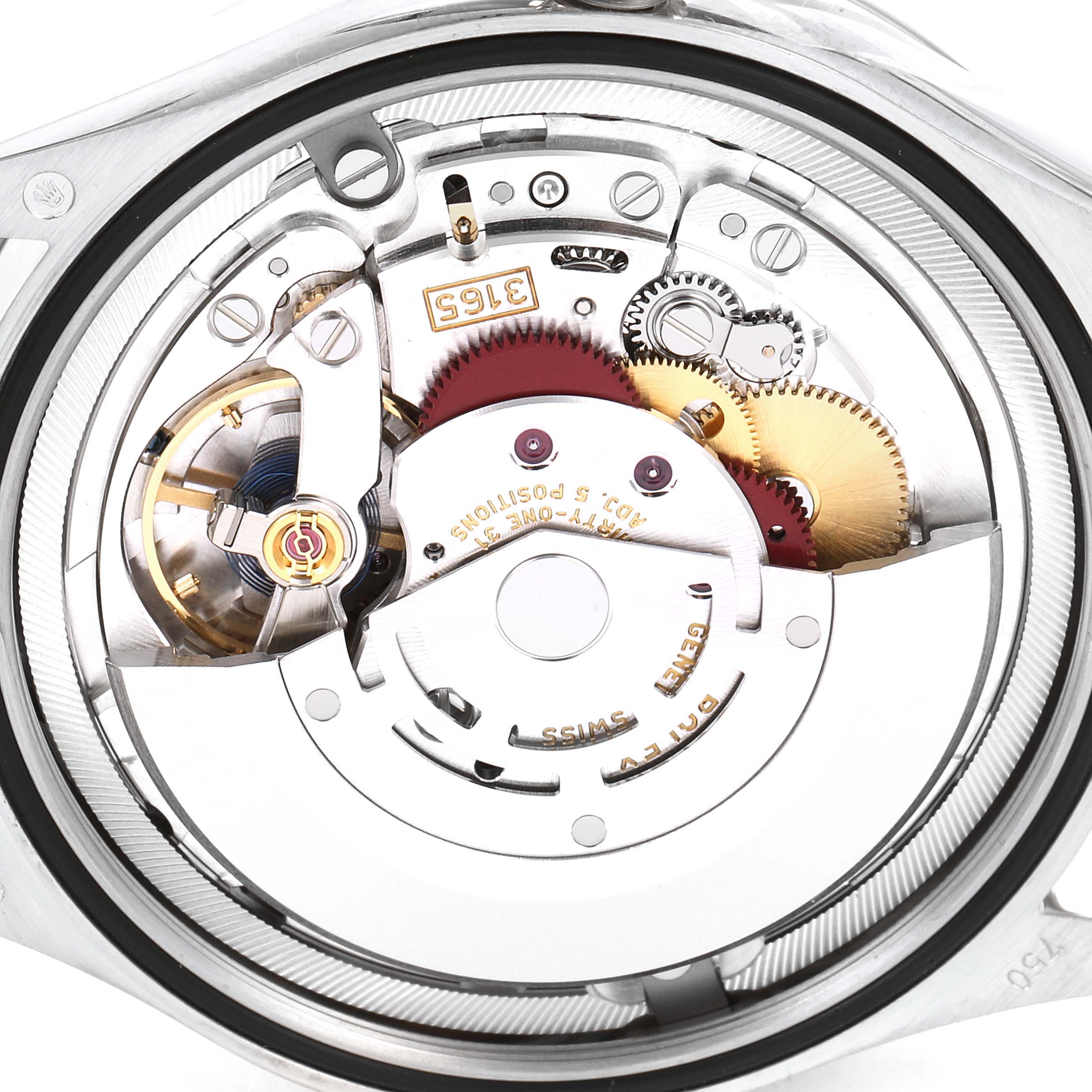 This image shows a detailed close-up of the movement mechanism inside a Rolex Cellini 50519 Men's White Gold Blue Dial 50519 Men's White Gold Blue Dial model watch, viewed from the back.
