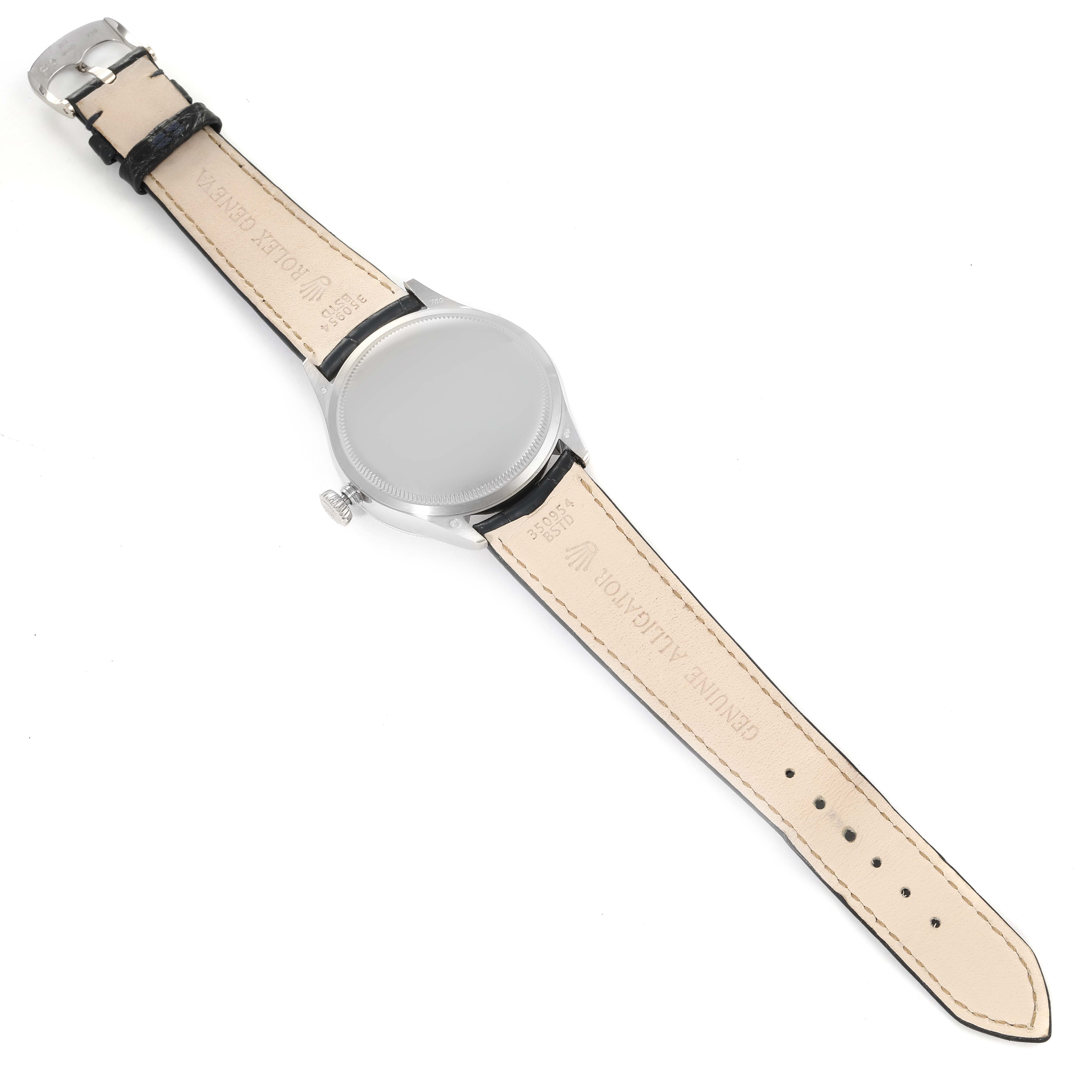 This image shows the back of a Rolex Cellini 50519 Men's White Gold Blue Dial 50519 Men's White Gold Blue Dial watch, featuring the case back, leather straps, and buckle clasp.