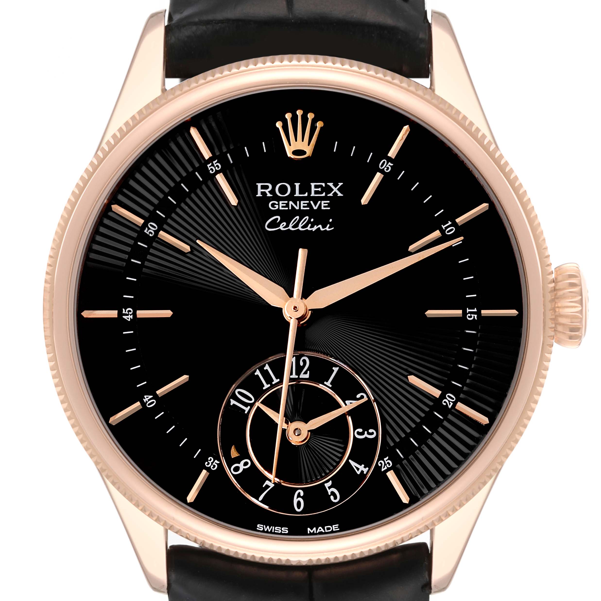 The image shows a front view of a Rolex Cellini 50525 Men's Rose Gold Black Dial 50525 Men's Rose Gold Black Dial watch, highlighting its black dial, gold hands, and hour markers.