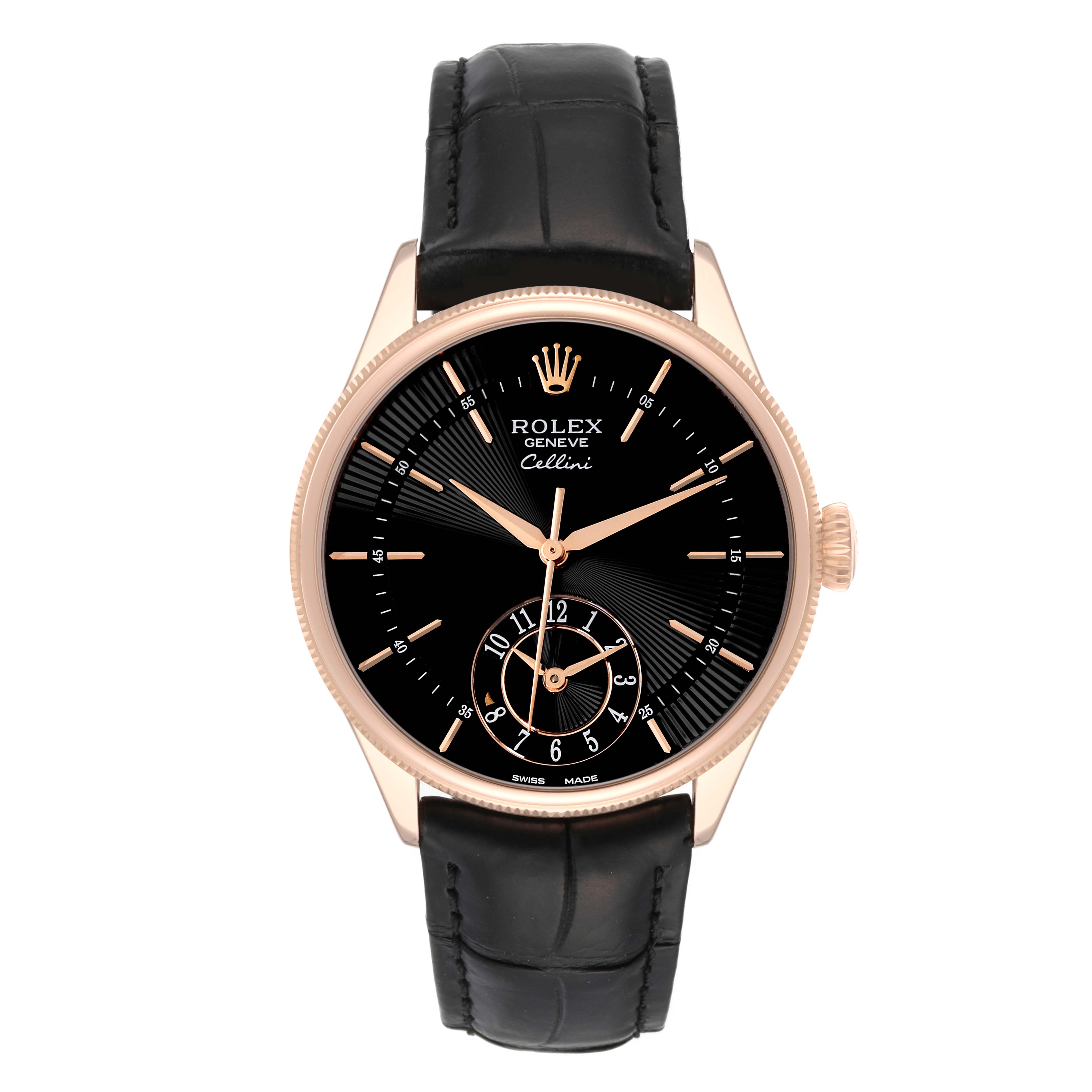The image shows a front view of a Rolex Cellini 50525 Men's Rose Gold Black Dial 50525 Men's Rose Gold Black Dial watch with a black dial, black leather strap, and rose gold case.