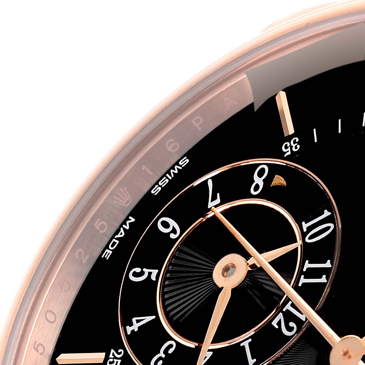 This is a close-up view of the Rolex Cellini 50525 Men's Rose Gold Black Dial 50525 Men's Rose Gold Black Dial model, showing part of the dial, hands, and numerals.