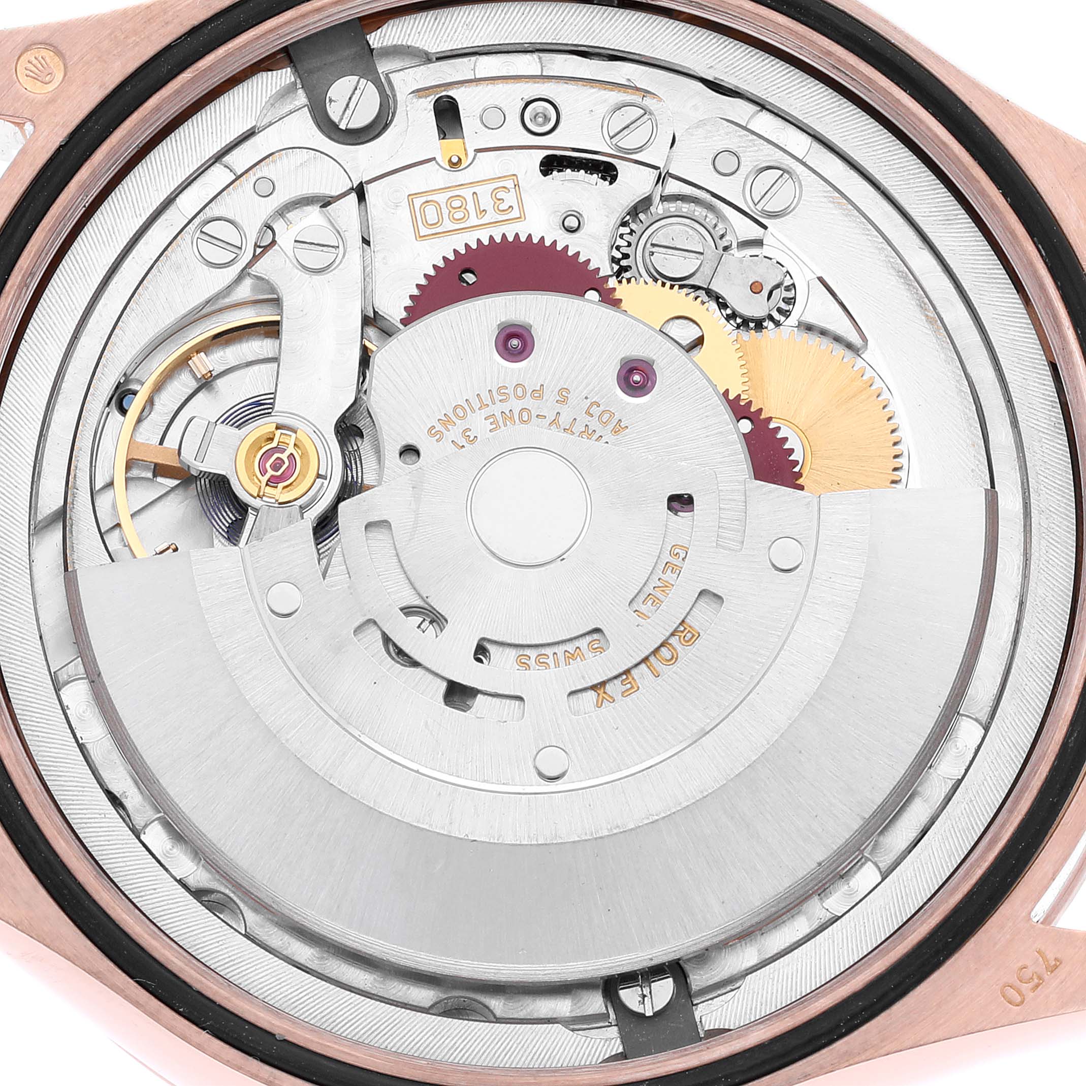 The image shows the internal mechanism of a Rolex Cellini 50525 Men's Rose Gold Black Dial 50525 Men's Rose Gold Black Dial model watch, viewed from the back.